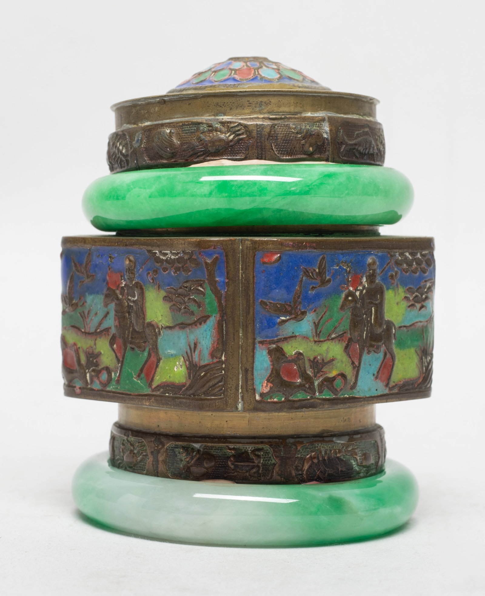 Estate Chinese Jade, Brass Jar: Chinese brass jade enameled and carved with figural scenes, with two jade huan. Approx. 2.8*2.8*3.7 inch.