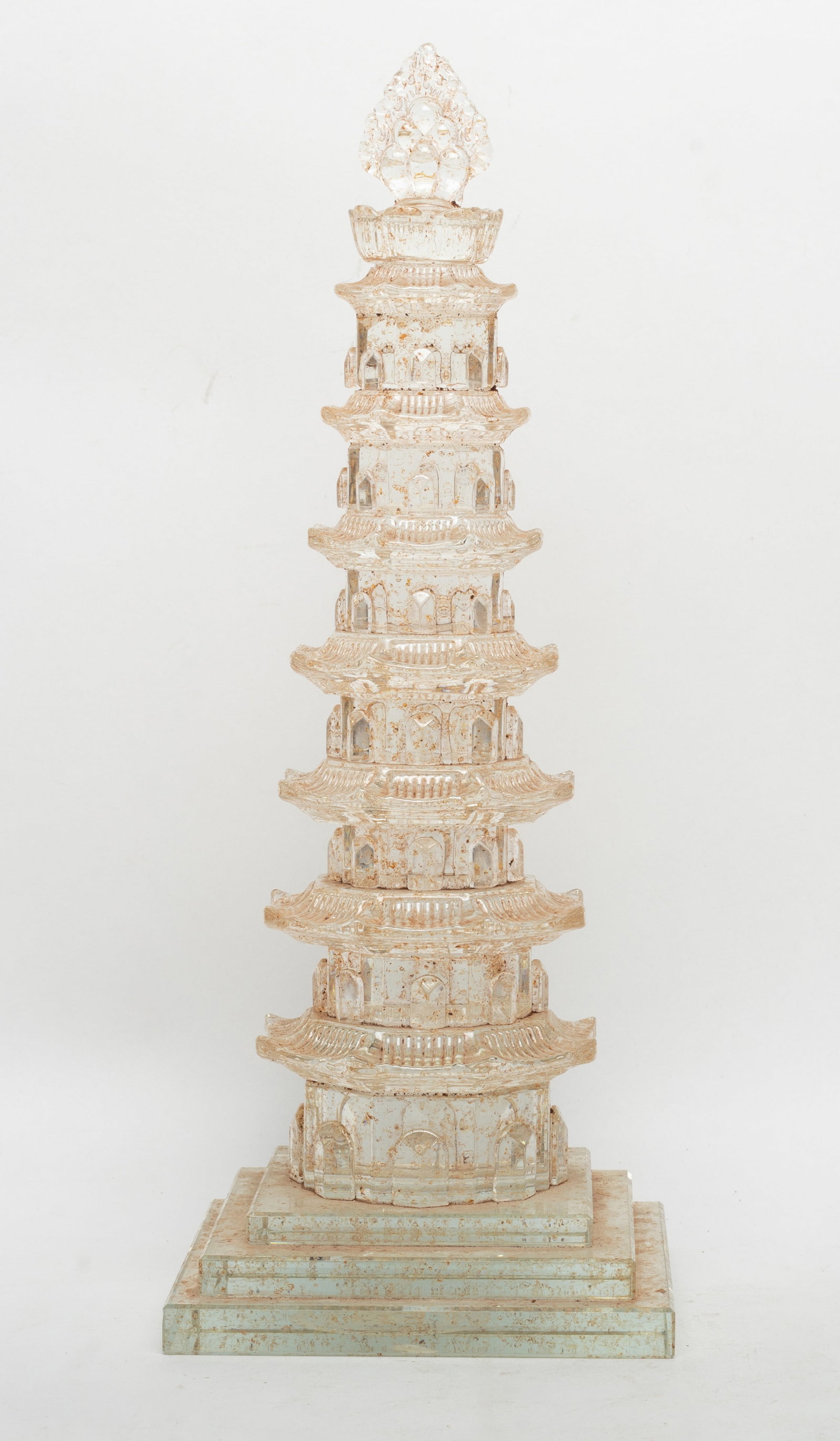Tall Chinese Peiking Glass Sculpture: Tall Chinese Peiking glass pagoda sculpture, incised mark on the bottom. Approx. 11.7*4.5*4.5 inch.