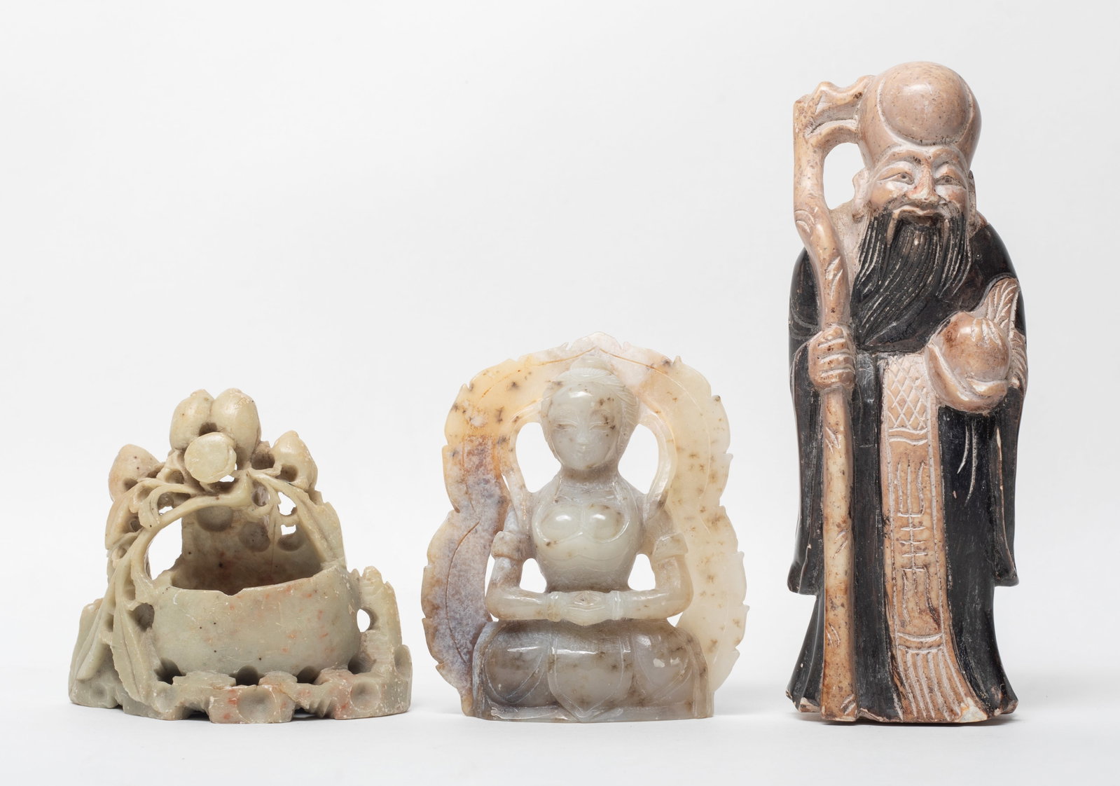 Vintage Chinese Jade, Stone Sculptures: Three Chinese jade, stone sculptures carved of Shoulao, Buddha, or peach branch form. Approx. 6.1*2.2*1.5 inch (largest).