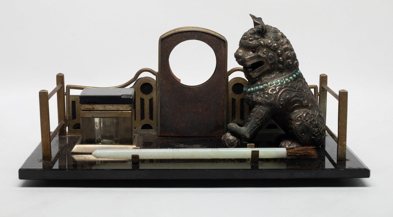 Chinese Jade, Metal Writing Ink Sets: Vintage Chinese writing set, with an ink bottle, a metal foo dog sculpture, and a jade brush pen. Approx. 12.1*7*5 inch.