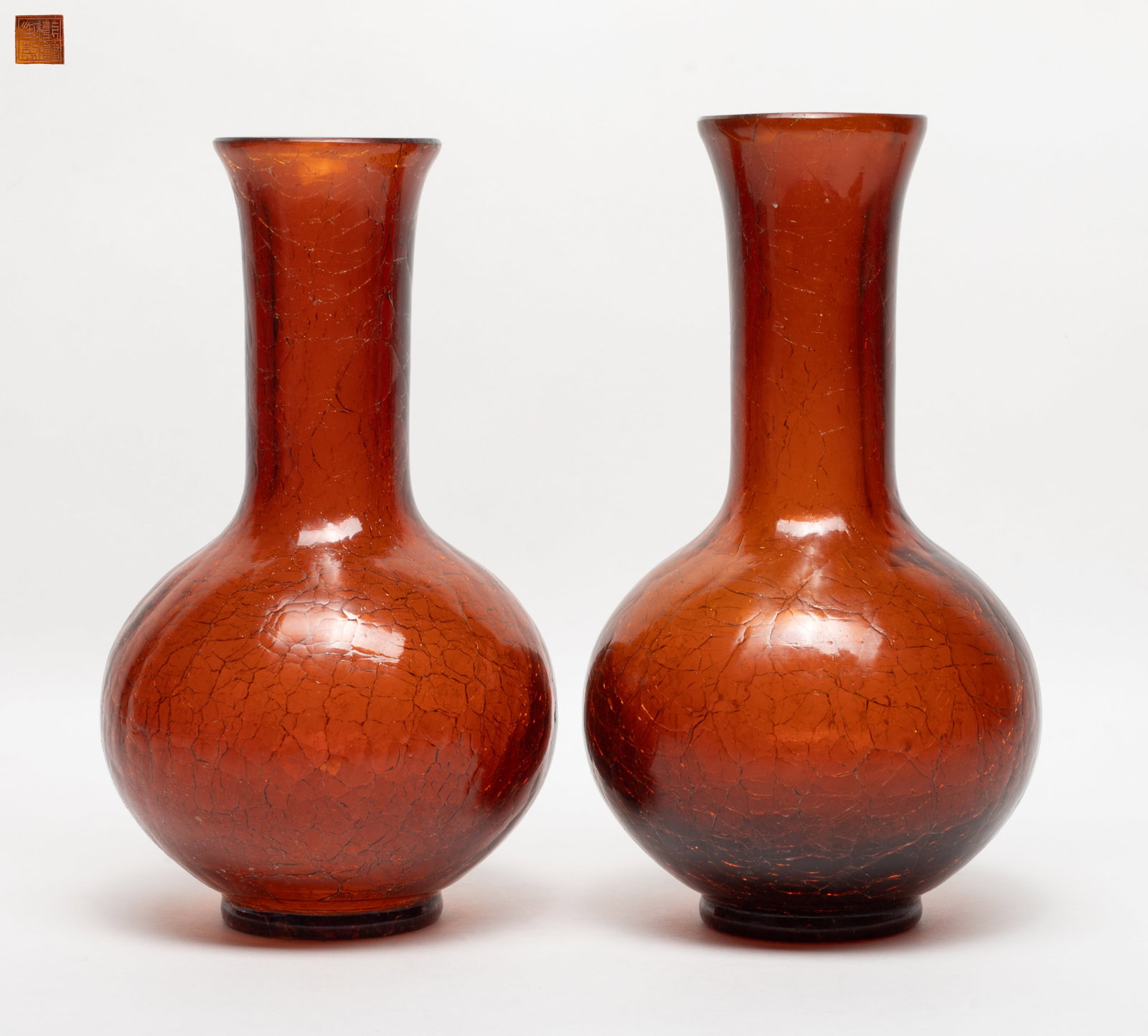 Two Tall Chinese Amber Like Glass Vases: Two Chinese amber-like glass vases, incised with seal mark on the bottom. Approx. 9.7*5.5 inch (each).