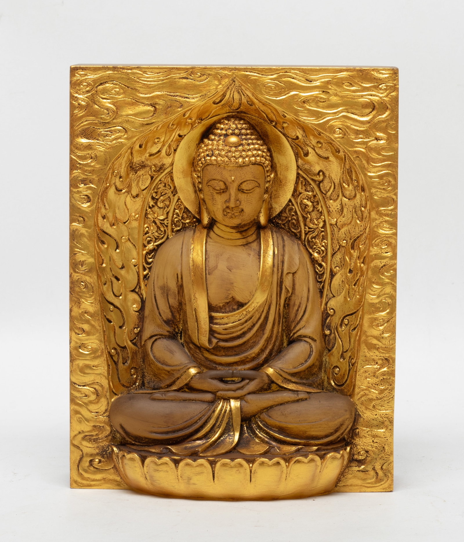 Rare Chinese Gilt on Glass Sculpture of Buddha: Chinese gilt on glass table sculpture, carved with seated Buddha, the hands in dhyana mudra. Approx. 7.8*6*2.8 inch.
