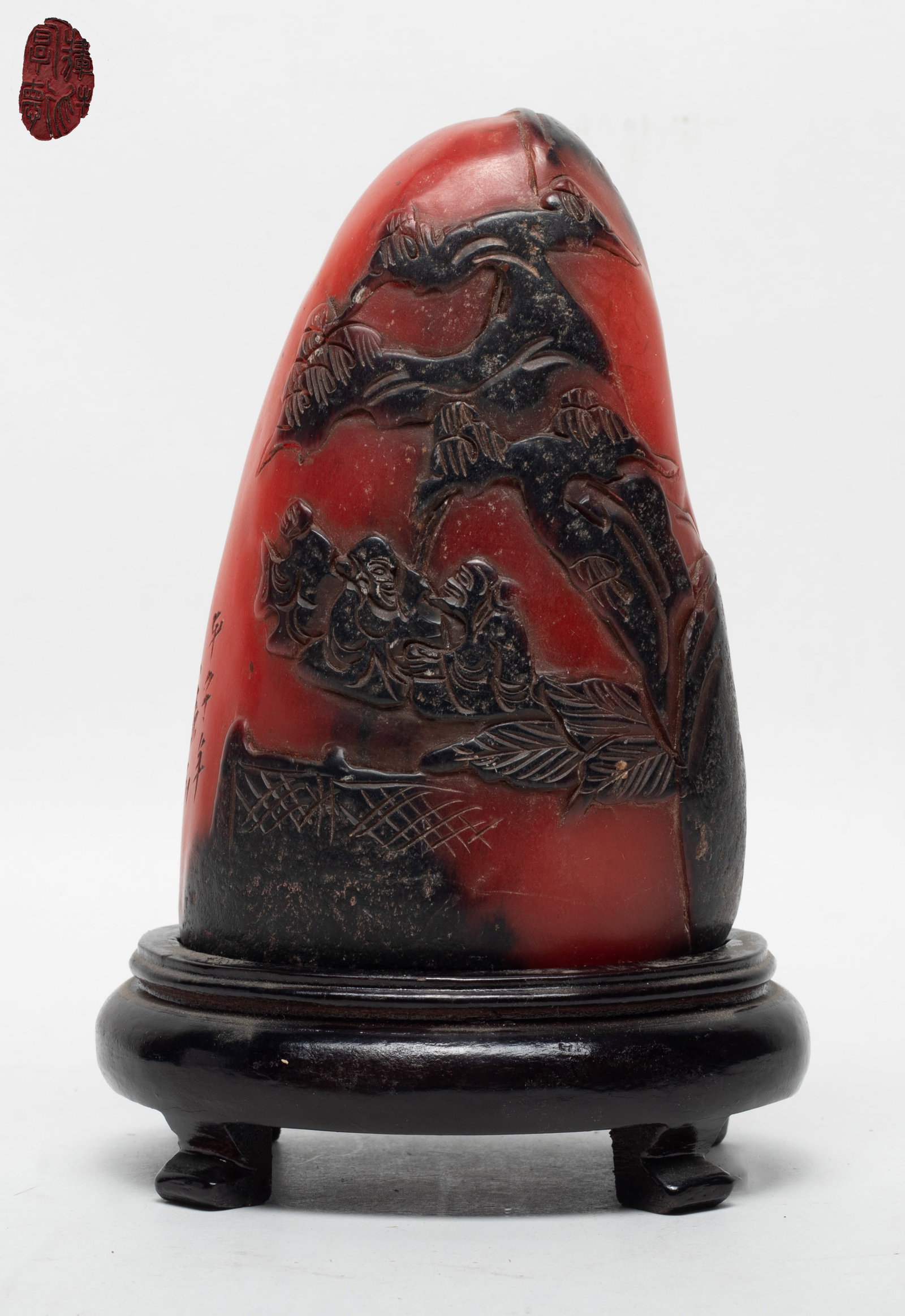 Estate Chinese Russet Skin Stone Seal: Large Chinese russet skin stone seal, carved with figures in landscape, with stand. Approx. 5.7*3.7*2.4 inch (w/o stand).