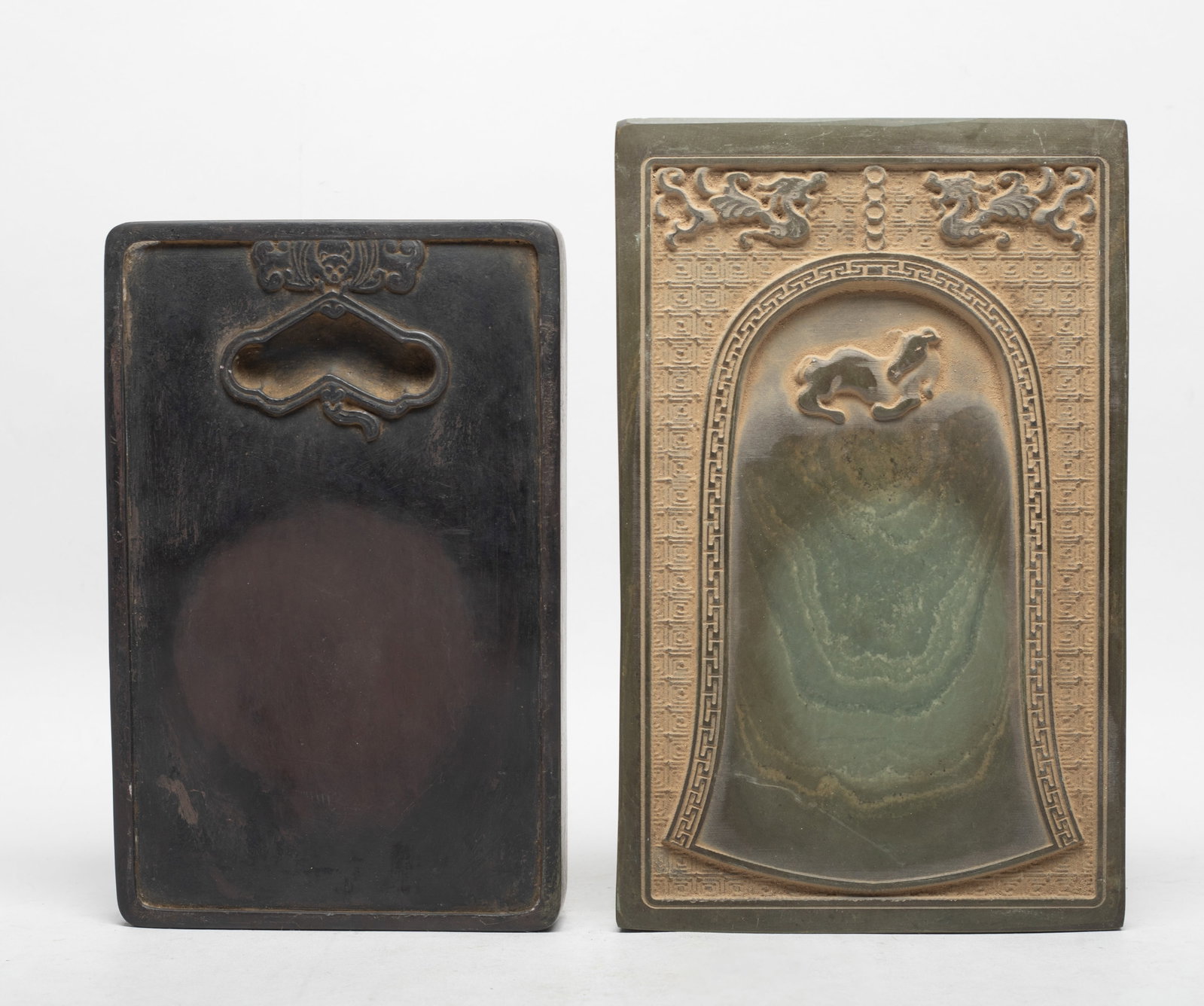 Two Chinese Export Heavy Ink Stones: Two Chinese heavy ink stones, each bottom incised with inscription. Approx. 9*5.7*0.7 inch (larger).