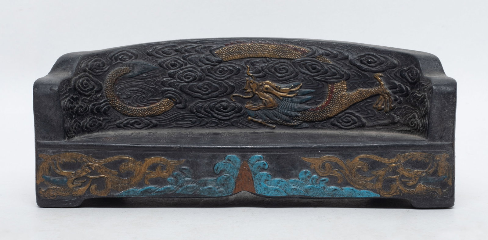 Rare Chinese Ink Table Sculpture: Special Chinese ink sculpture of arm chair form, carved with dragons and beasts. Approx. 6.6*2.4*2.3 inch.