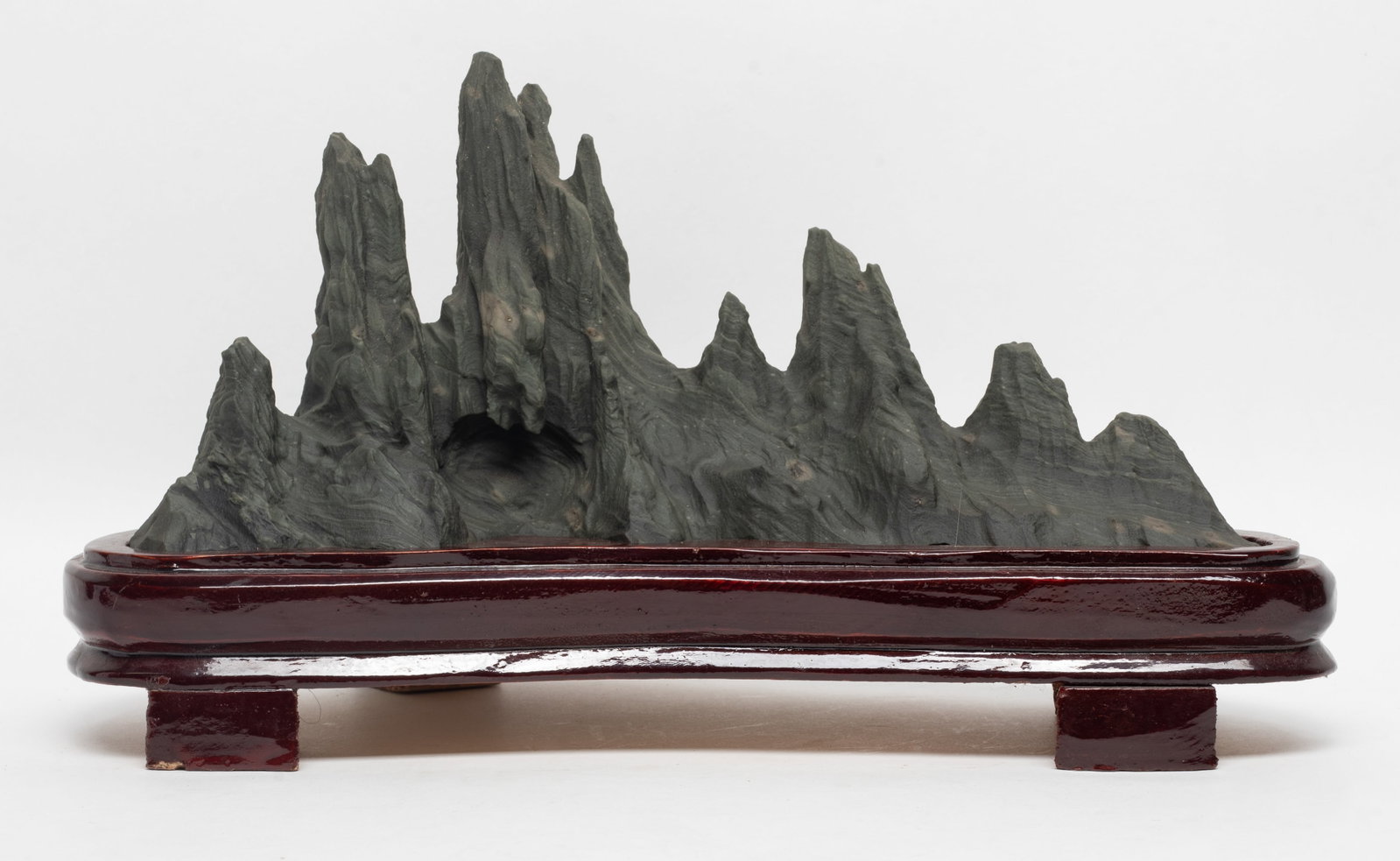 Rare Chinese Export Scholar Stone: Chinese scholar stone sculpture of mountain range form, with stand. Approx. 12.2*6.5*5.5 inch (w/ stand).