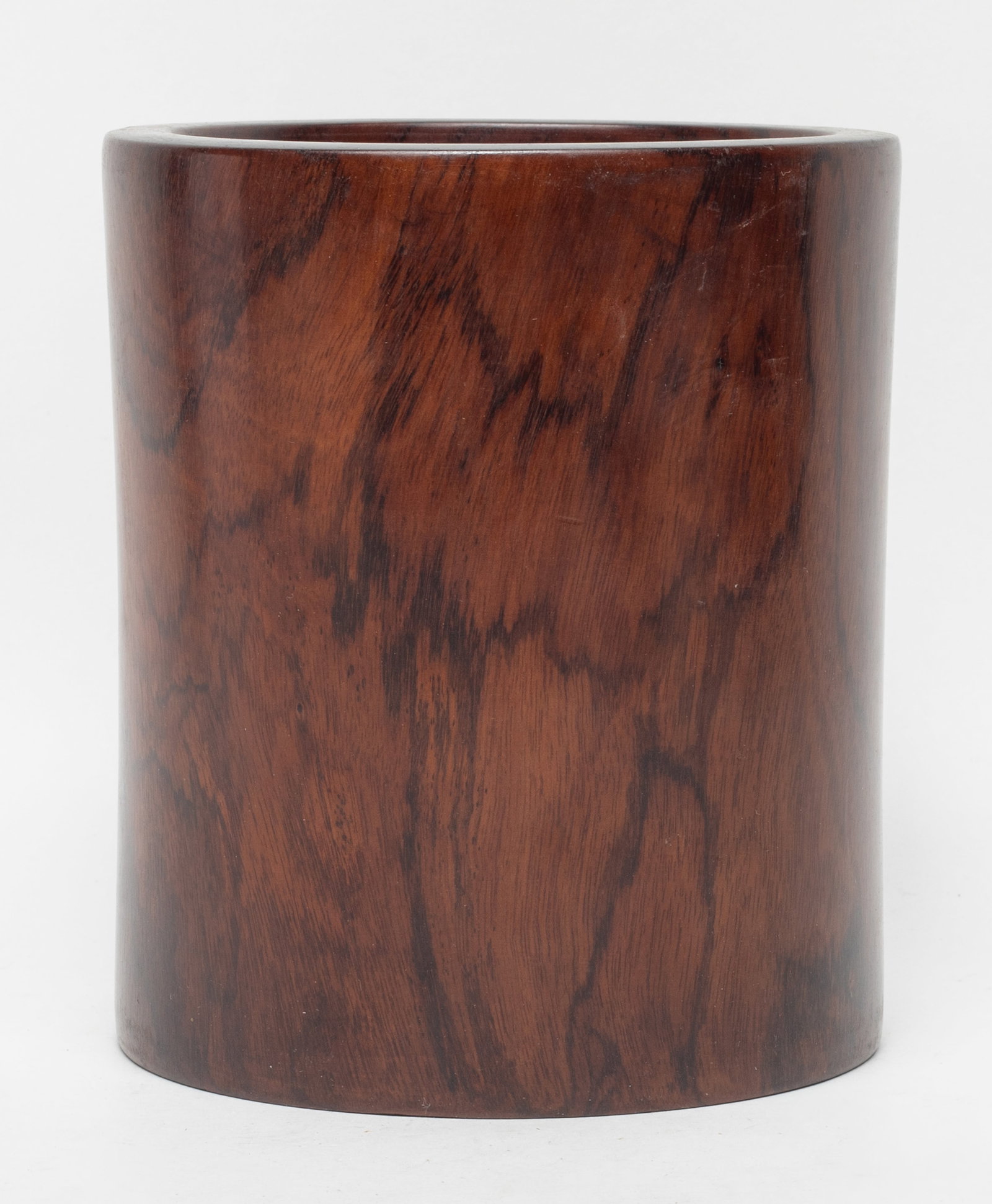 Vintage Chinese Huanghuali Wood Carved Brush Pot: Chinese Huanghuali wood carved brush pot, the bottom set with a stopper. Approx. 5.6*5 inch.