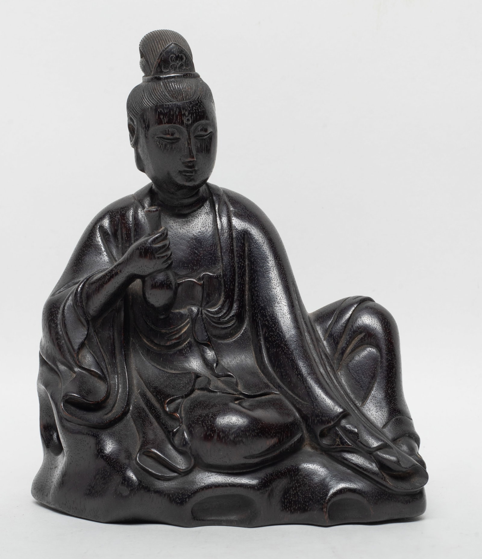Antique Chinese Zitan Wood Sculpture of Buddha: Chinese zitan wood sculpture carved as seated Buddha holding a bottle. Approx. 6.4*5.3*3.1 inch.
