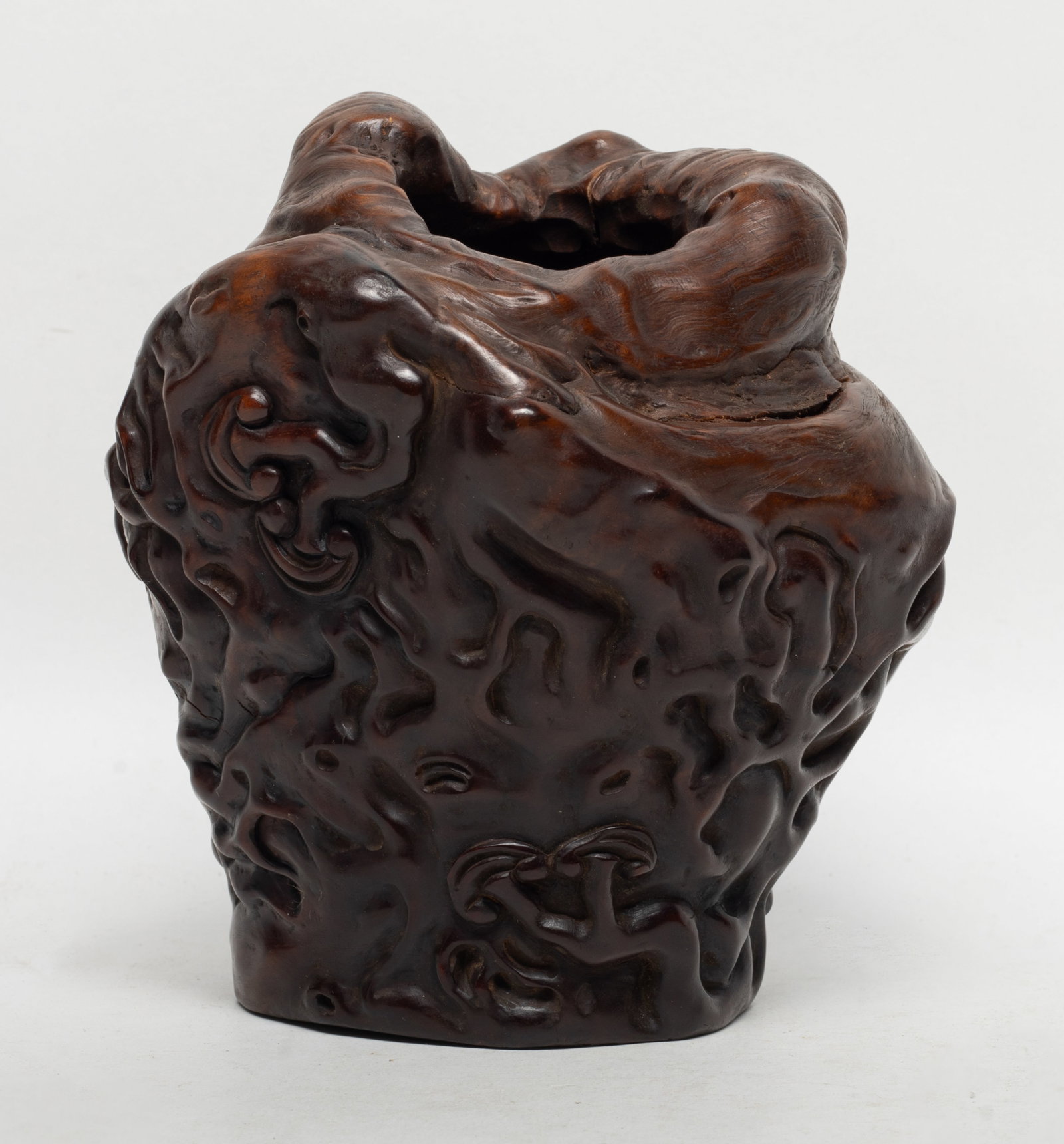 Rare Chinese Root Huanghuali Wood Brush Pot: Chinese root Huanghuali wood carved brush pot. Approx. 5.8*5.4*4.7 inch.