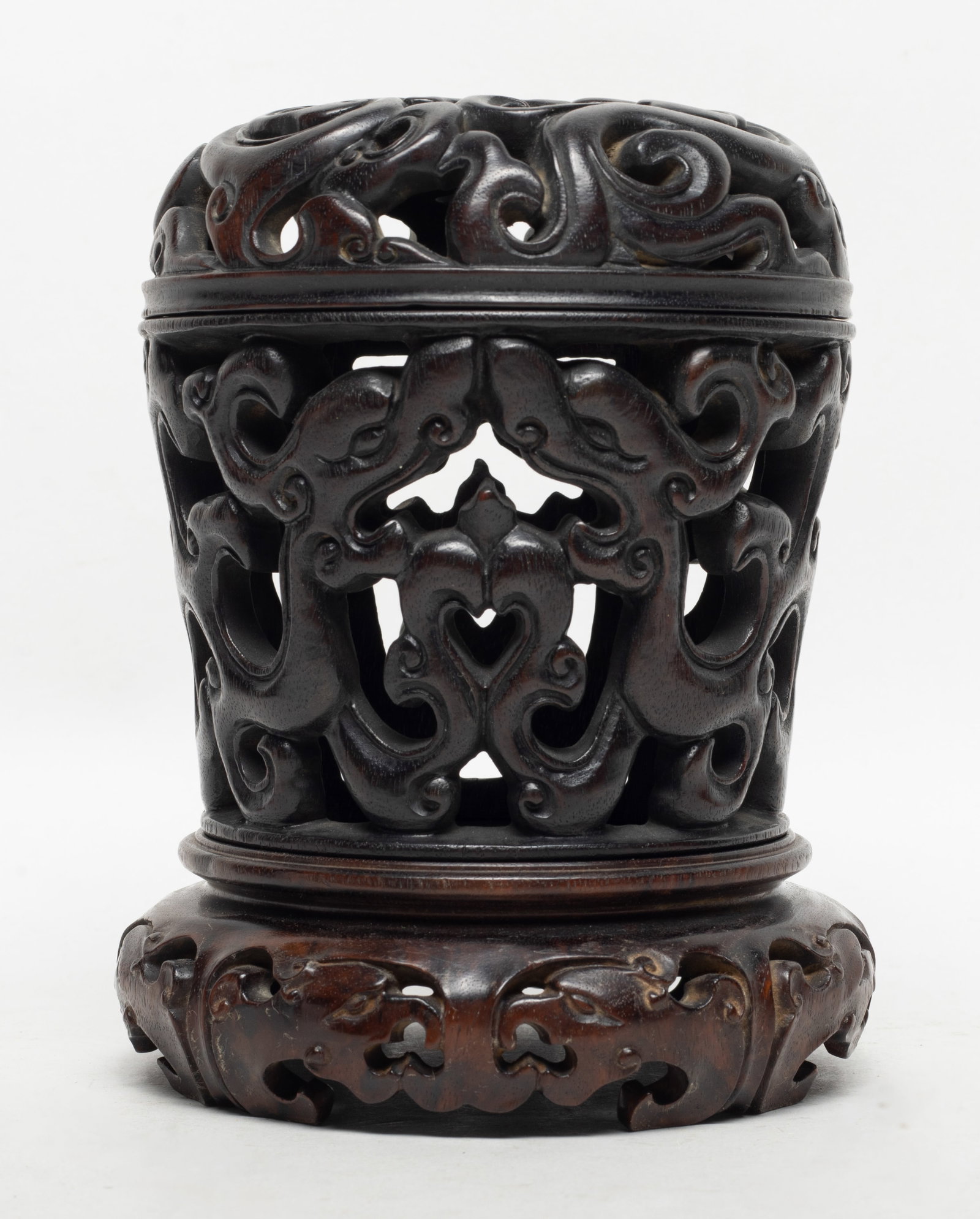 Unusual Chinese Zitan Wood Censer: Chinese Zitan wood censer carved in openwork with stylized dragons chasing a ball. Approx. 6.1*4.5 inch.