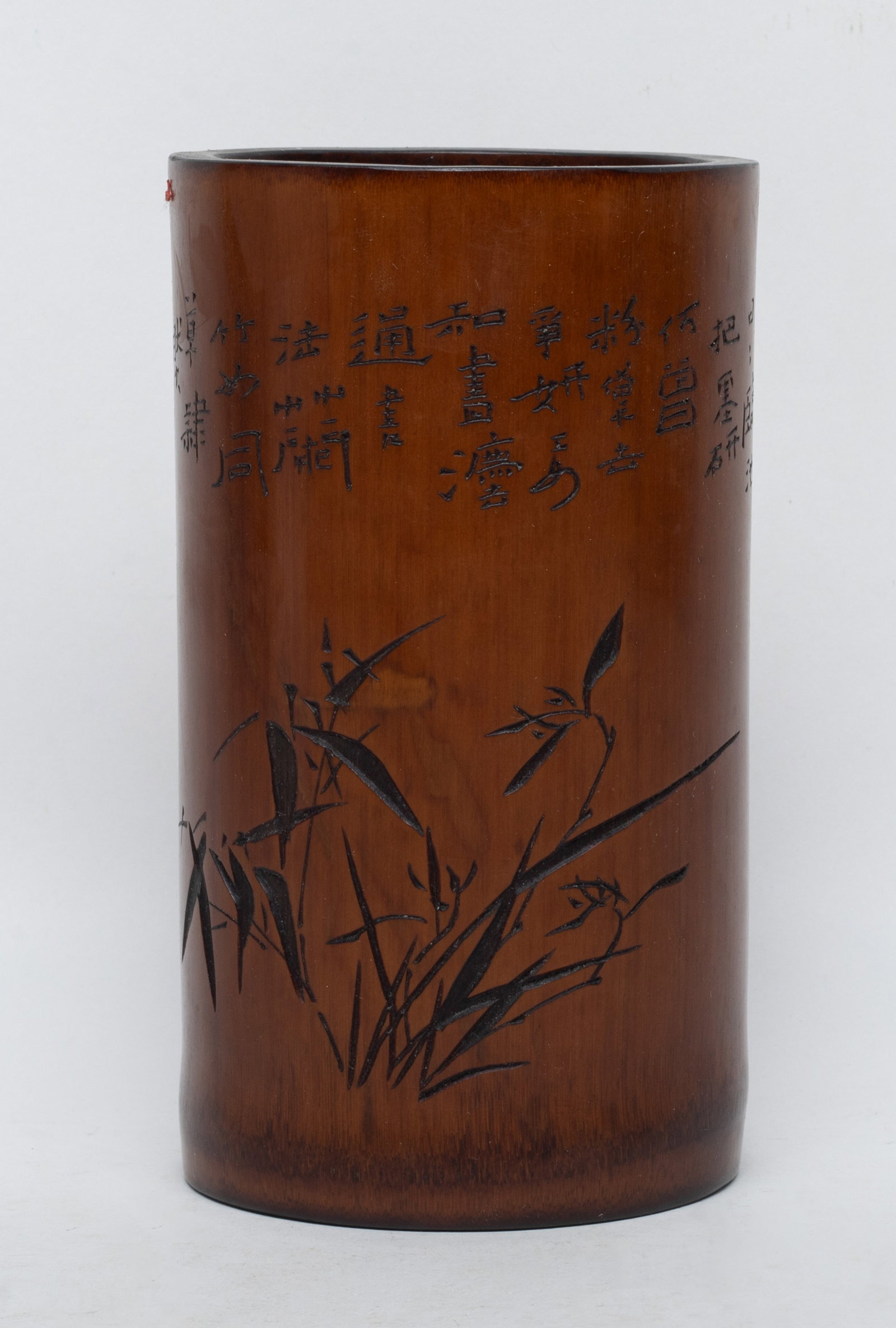 Estate Chinese Bamboo Brush Pot: Chinese bamboo brush pot incised orchid and poem. Approx. 3.8*3.6*6.6 inch.