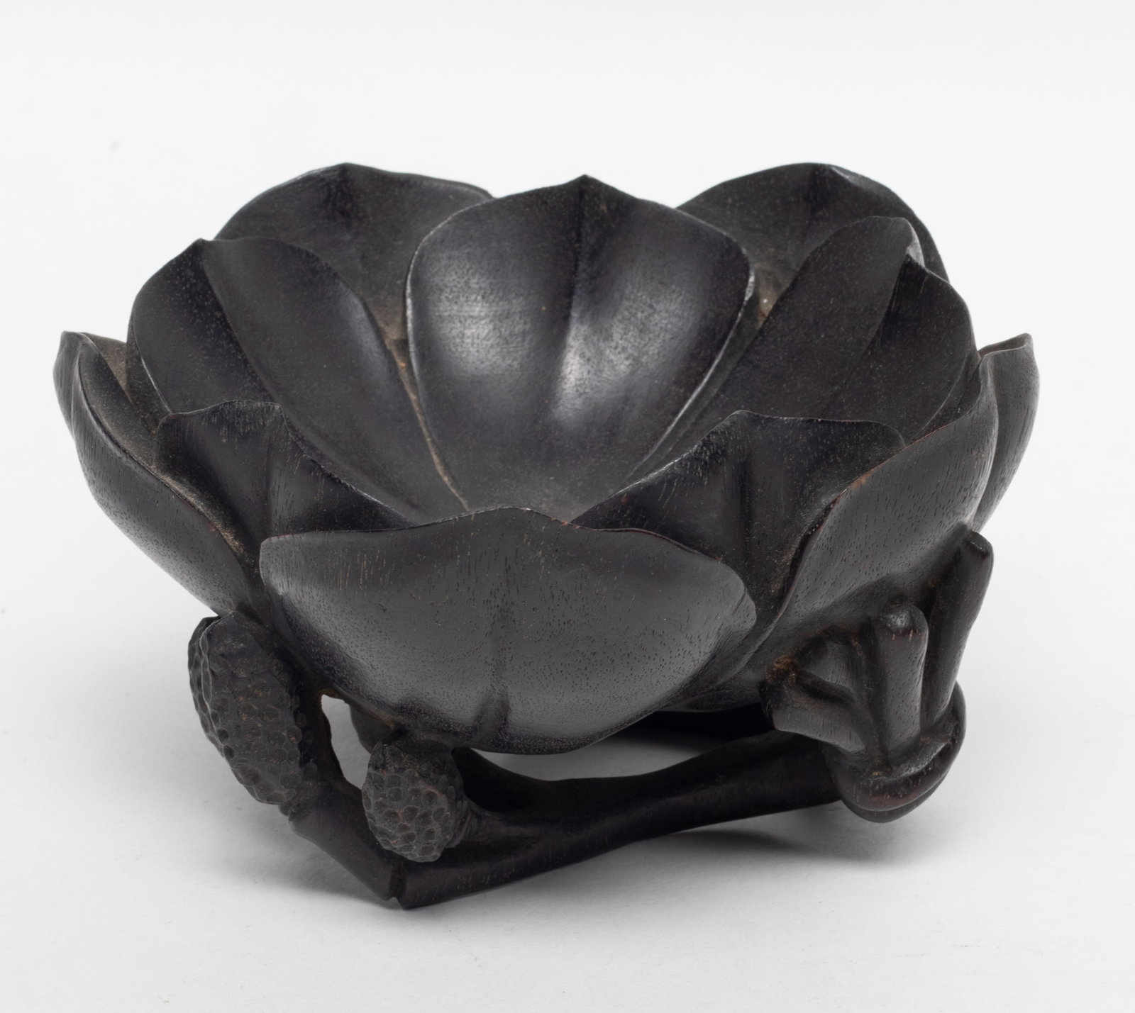 Estate Chinese Zitan Wood Flower Form Bowl: Chinese zitan wood flower form bowl with beribboned stems as base. Approx. 4.3*2.4 inch.