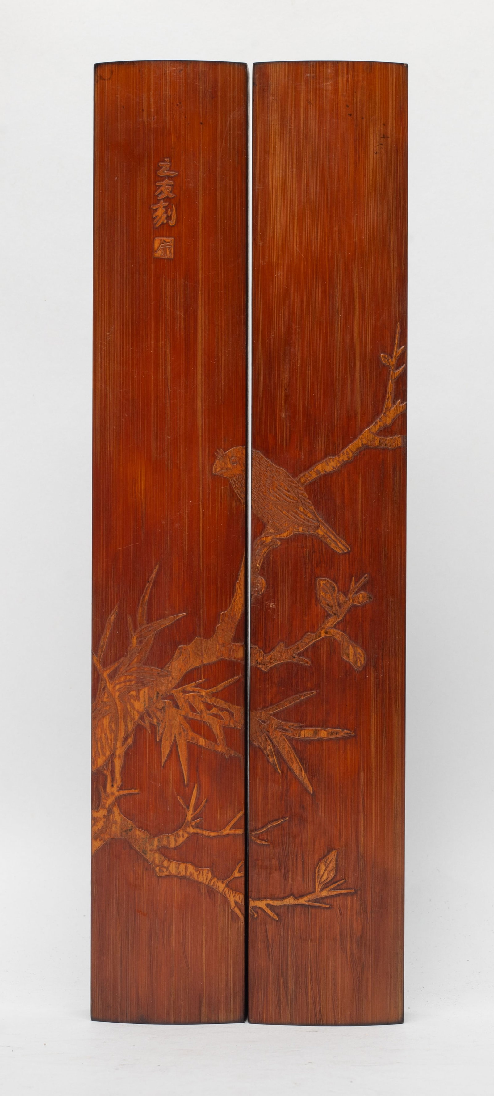 Estate Two Chinese Bamboo Paper Weights: Two long Chinese bamboo paper weights incised a bird on tree. Approx. 10.9*1.78*1.05 inch (each).