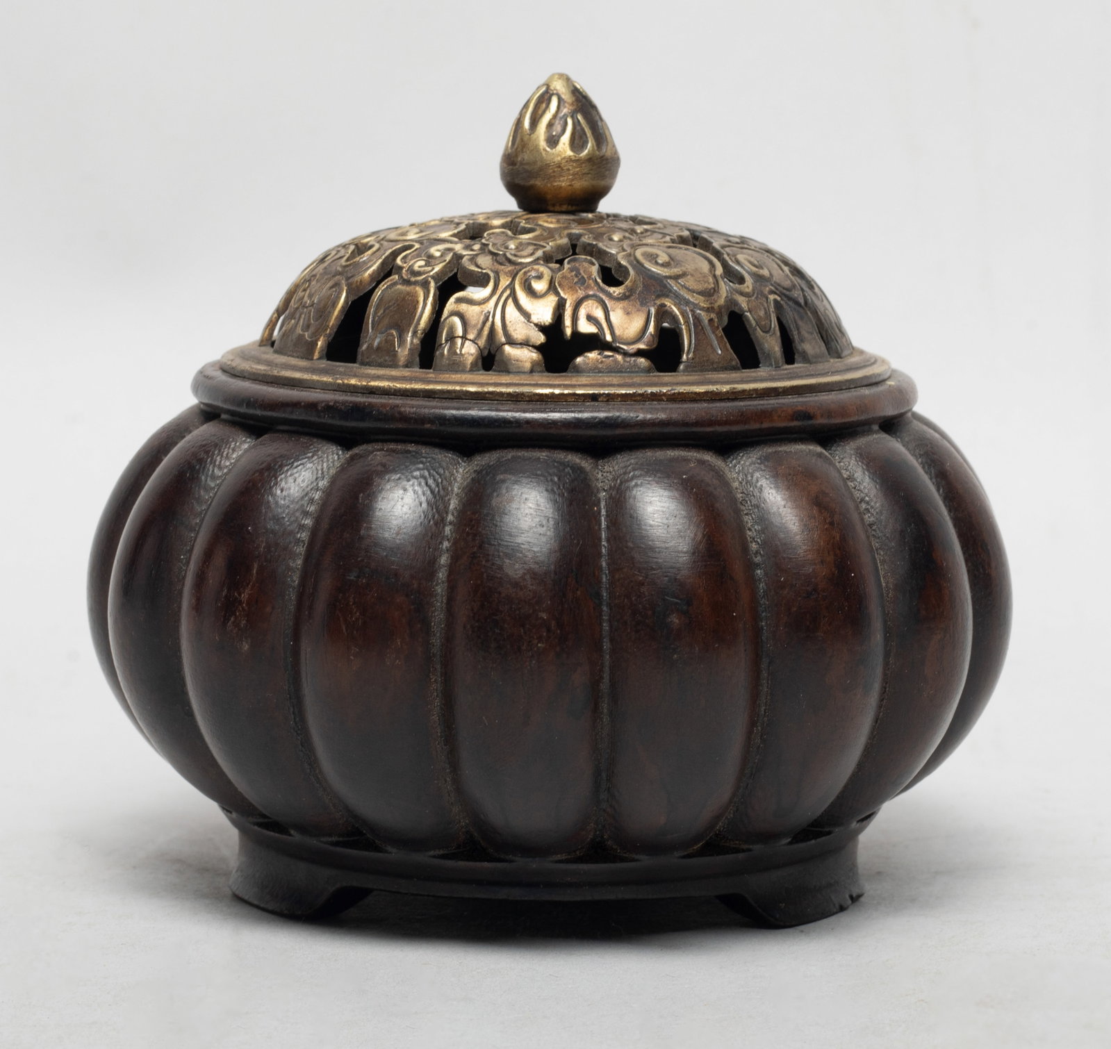 Chinese Wood Lotus Form Censer: Chinese wood carved lotus form censer, with metal lid reticulated with clouds. Approx. 4.3*3.8 inch (w/ lid).