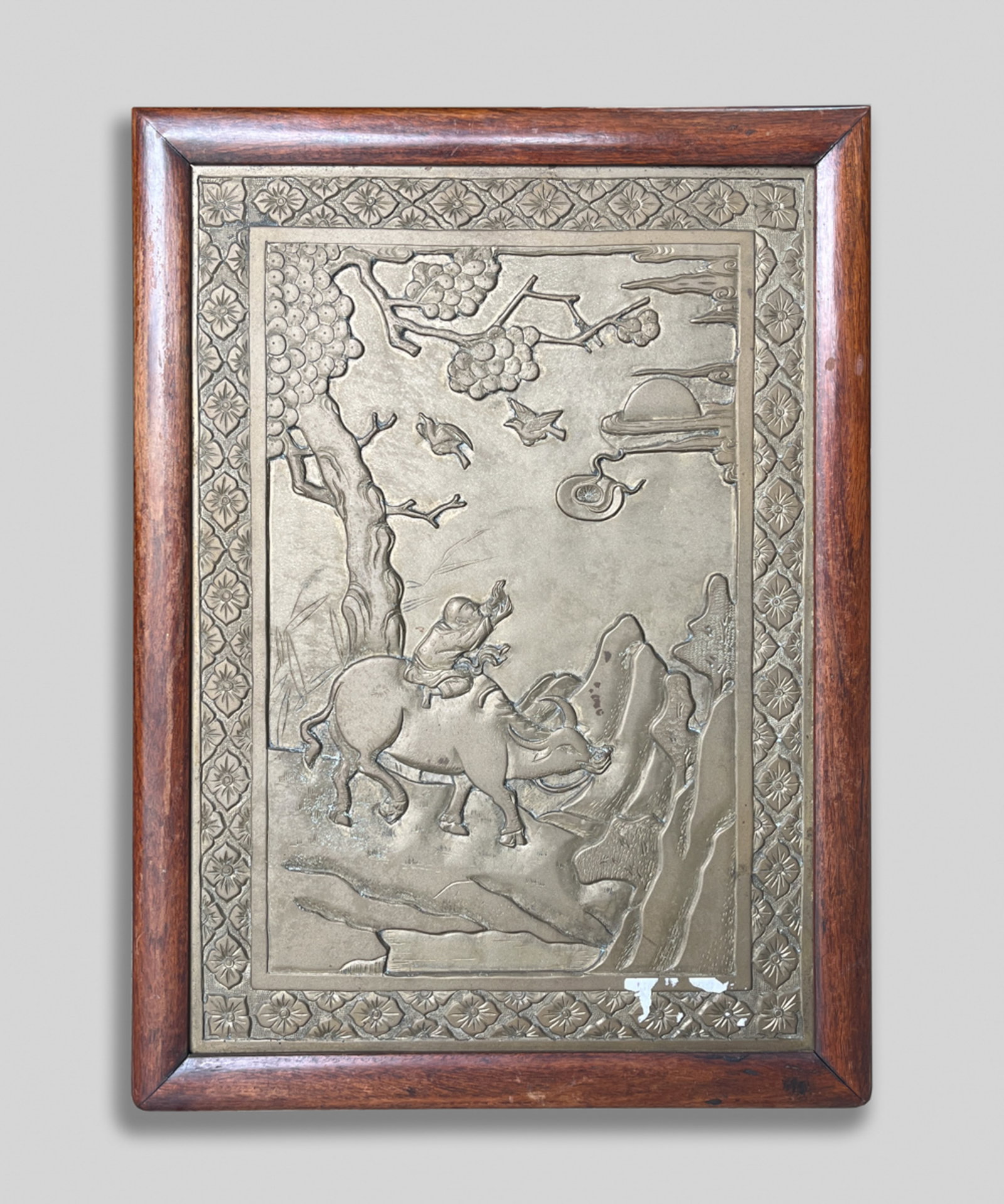 Chinese Wall Hanging Wood Screen Inlaid Brass: Chinese wood wall hanging screen inlaid with brass, carved with a man riding on a buffalo beneath a pine tree. Approx. 20.7*15.5 inch (frame size).