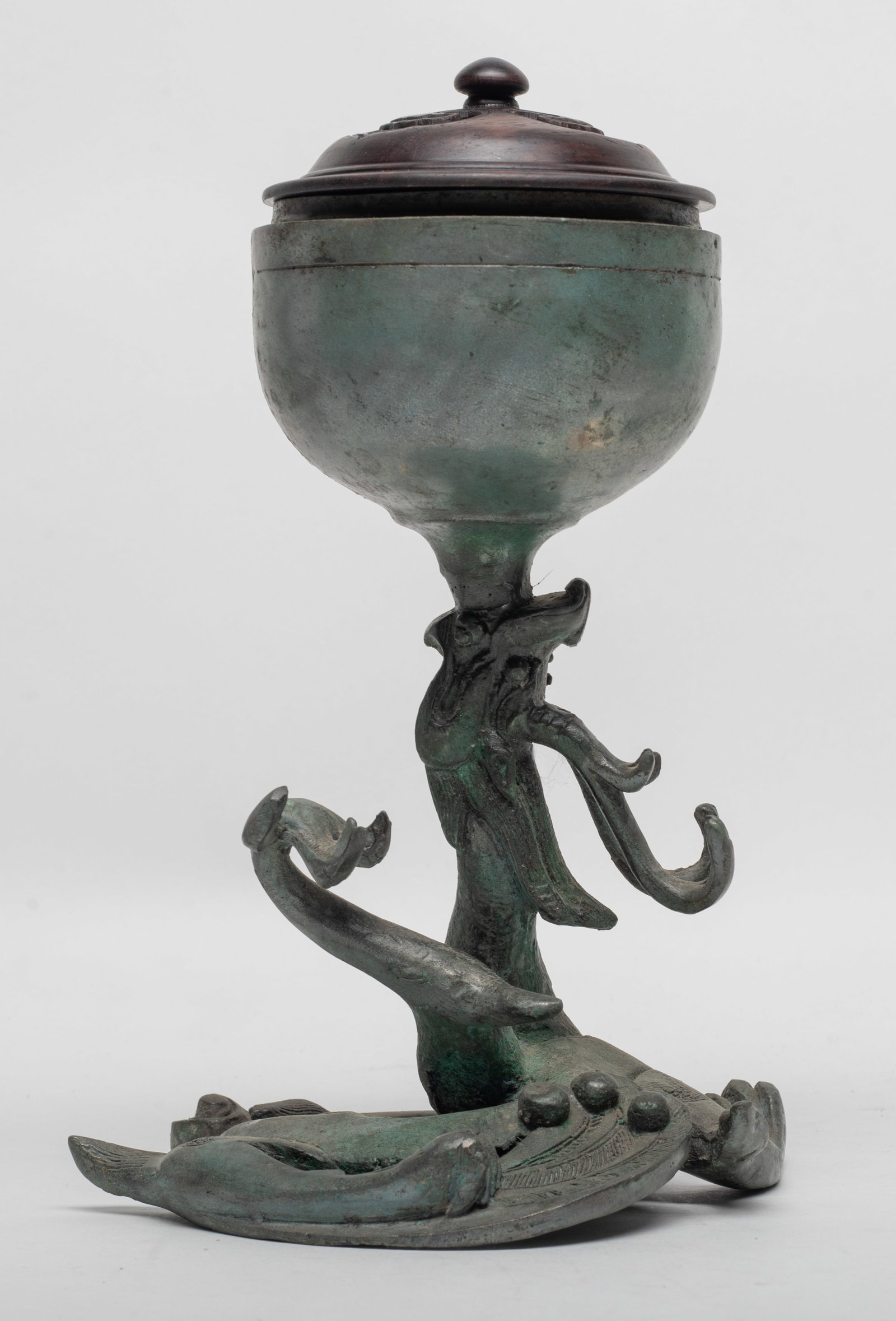 Tall Chinese Bronze Censer w/ Cover: Chinese bronze censer supported on a coiled dragon, with a wood cover. Approx. 8.5*5.7 inch (w/ cover).