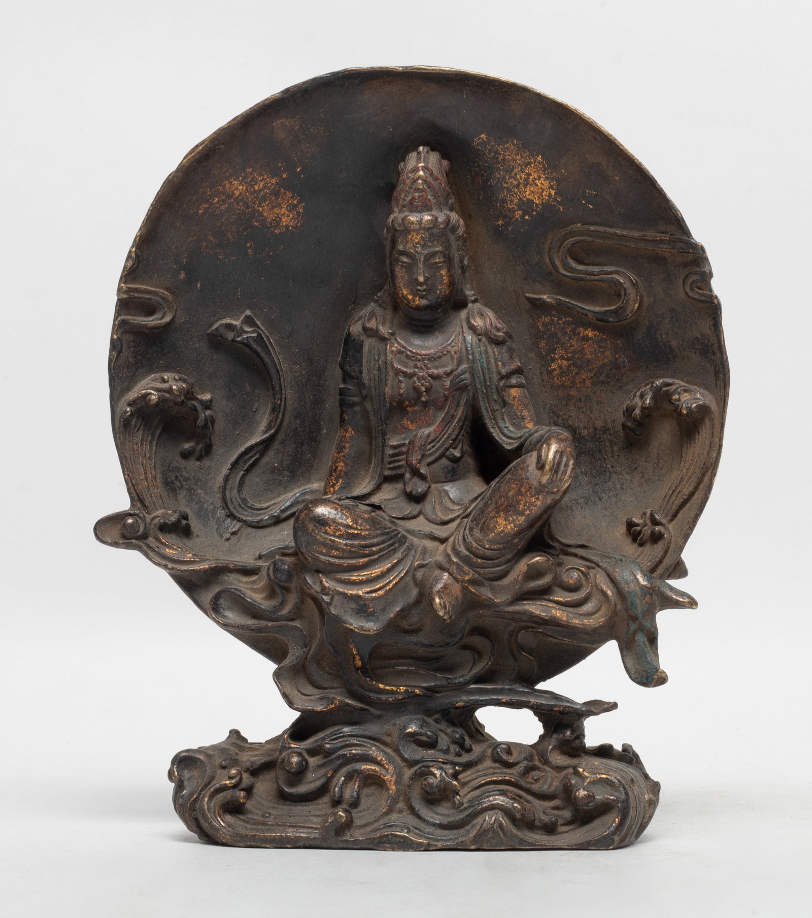Estate Chinese Gilt Bronze Sculpture of Buddha: Chinese gilt bronze sculpture cast as Buddha seated above clouds. Approx. 7.5*6*2.1 inch.