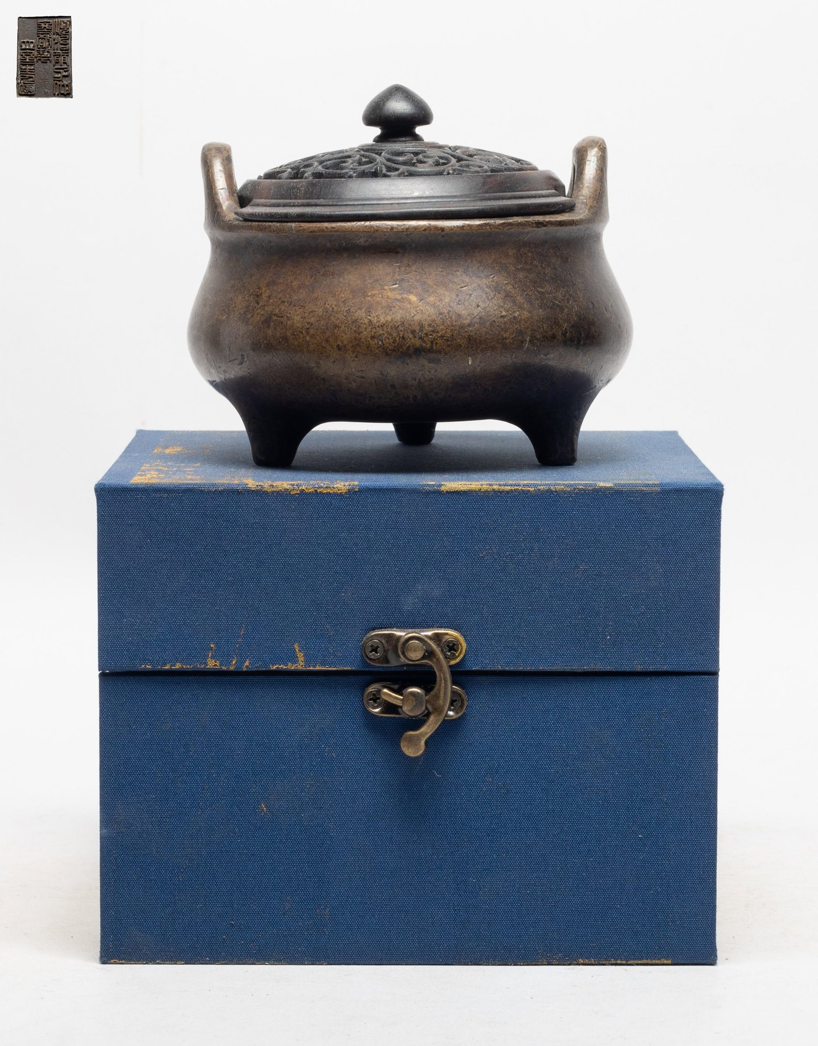 Chinese Bronze Cabinet Censer w/ Wood Cover: Chinese bronze cabinet censer with an openwork wood cover, the bottom carved character mark, with box. Approx. 4.6*3.4 inch (censer size).