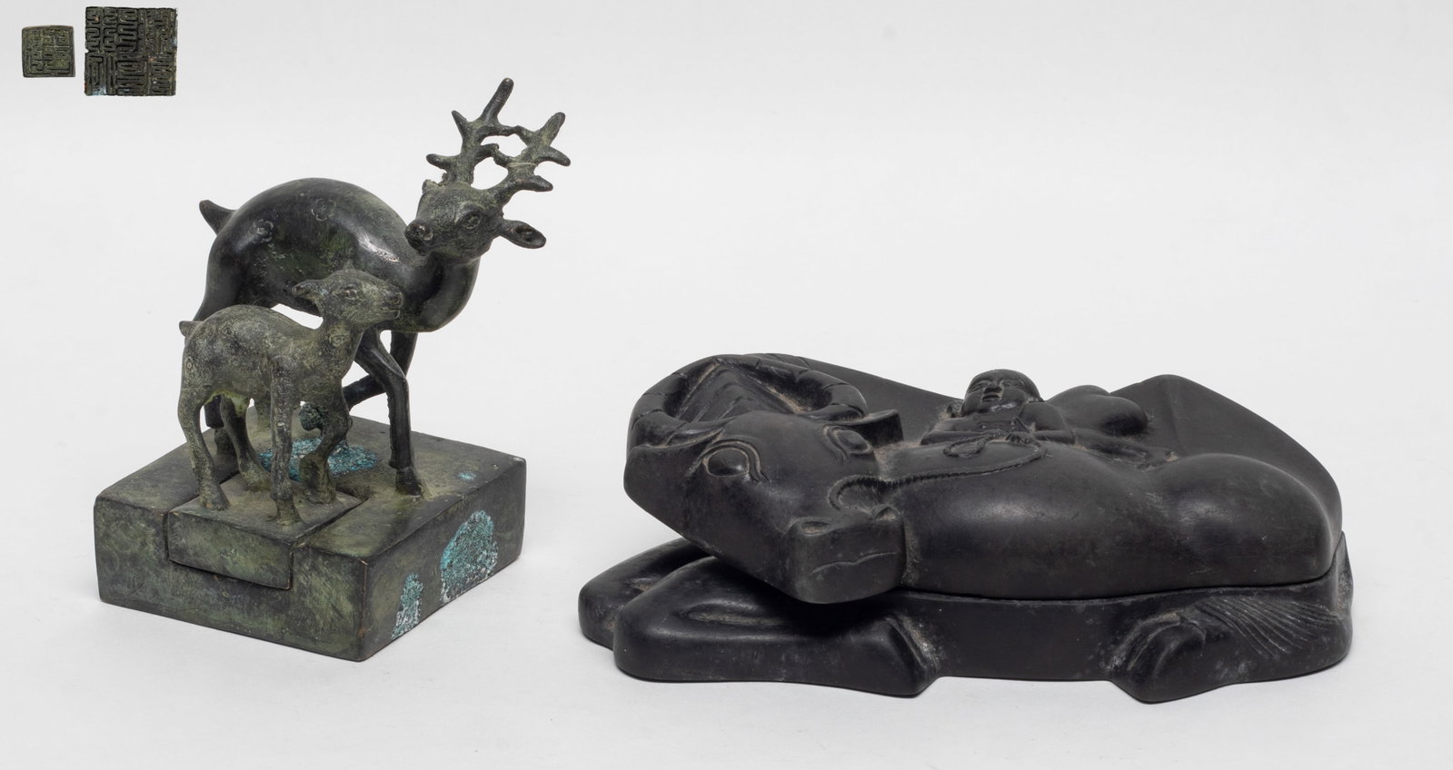 Chinese Bronze Seal, Ink Stone Sets: Chinese ink stone carved with buffalo and boy, and a bronze seal set cast with deer. Approx. 5.5*3.1*1.6 inch (ink stone size).