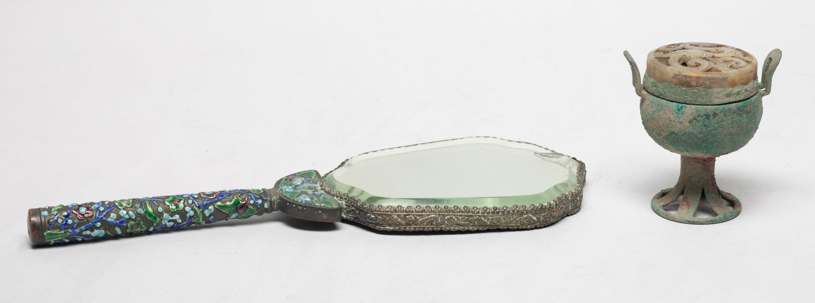 Chinese Enameled Mirror, Jade, Bronze Censer: Including a Chinese bronze mirror enameled flower trees, and a bronze censer with jade inlaid cover. Approx. 10.4*3.8 inch.