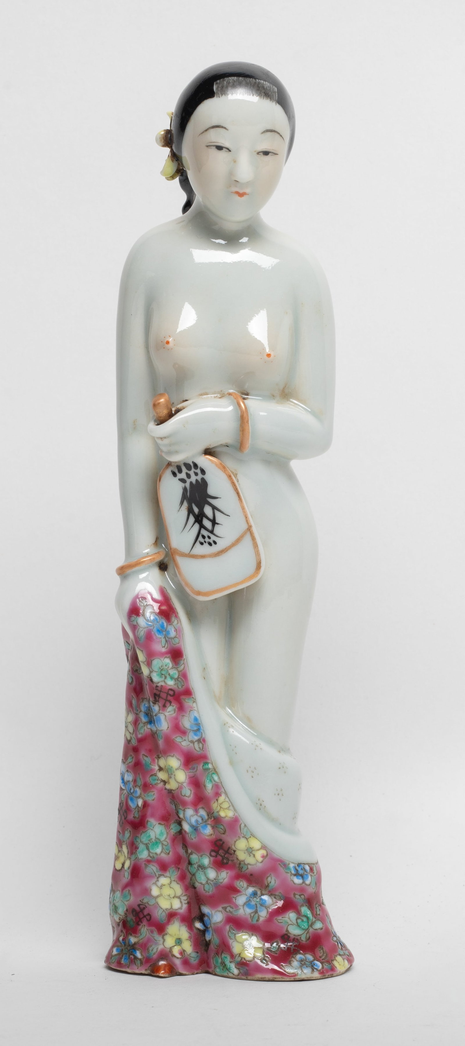 Unusual Chinese Famille Rose Porcelain Sculpture: Chinese famille rose porcelain standing female sculpture. Approx. 8*2.2*1.4 inch.