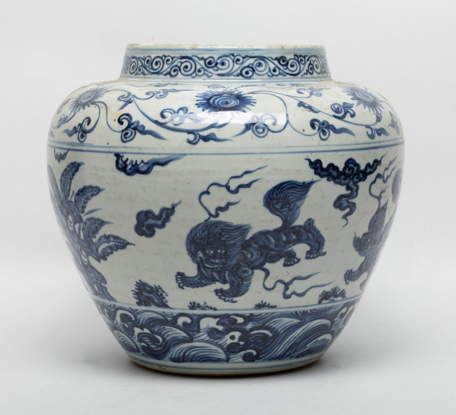Large Chinese Export Porcelain Jar: Large Chinese blue and white porcelain jar painted with qilin and foliage. Approx. 8.8*9.7 inch.
