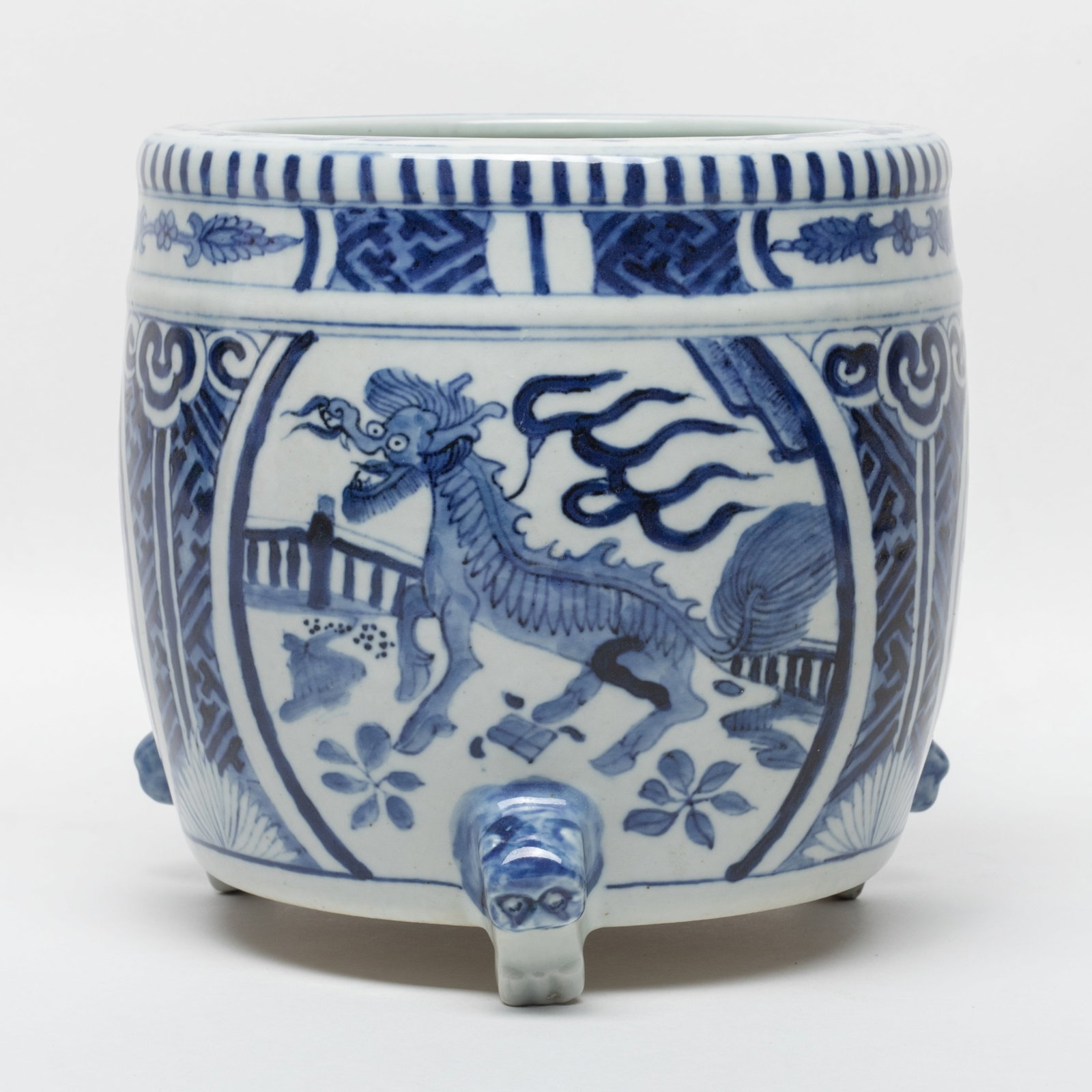 Chinese Blue & White Porcelain Censer: Chinese blue and white porcelain censer painted with beasts. Approx. 6.5*6.4 inch.