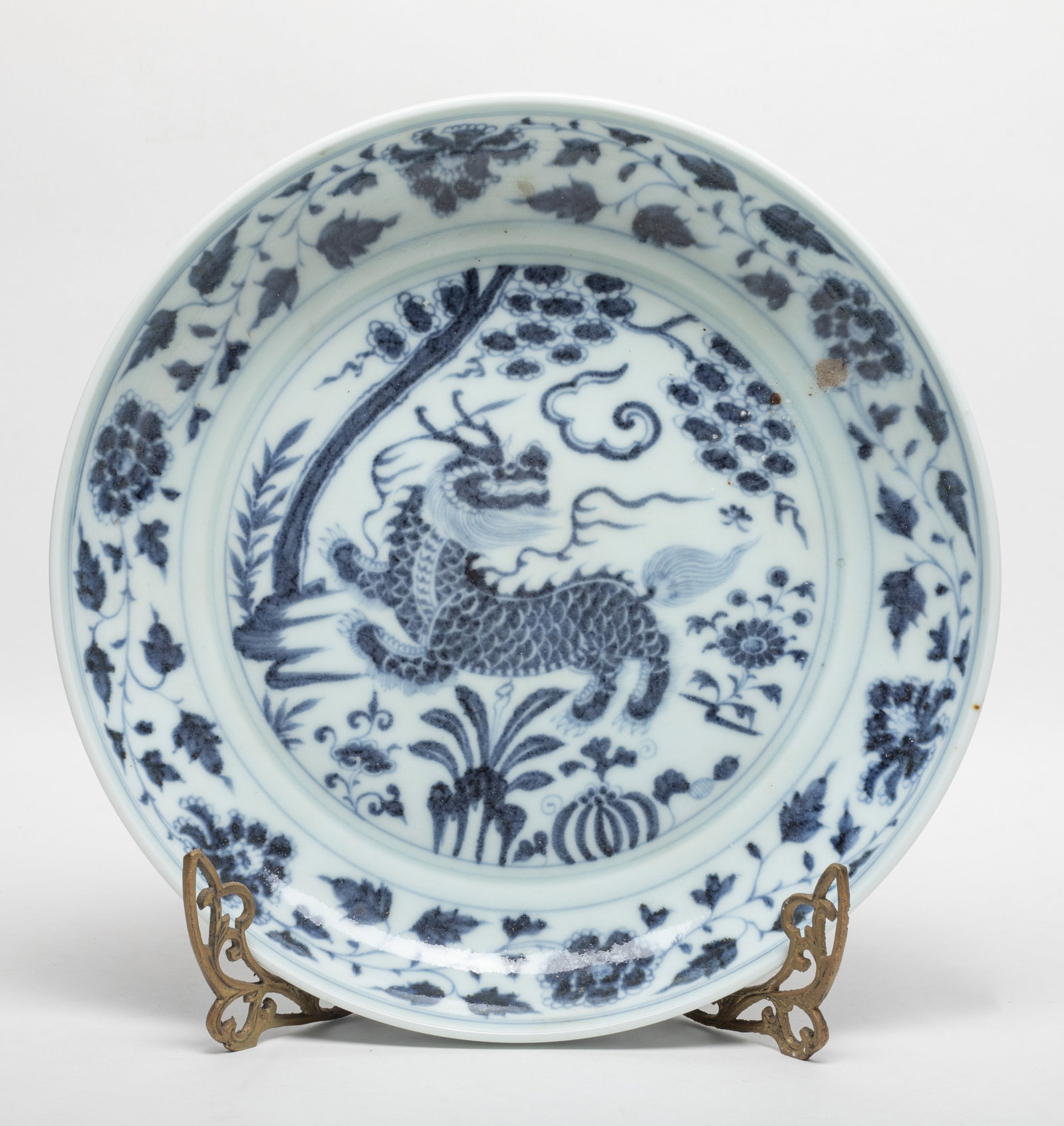 Estate Chinese Export Porcelain Charger: Chinese blue and white porcelain charger, decorated with qilin and flowers, with stand. Approx. 11*2.1 inch (w/o stand).