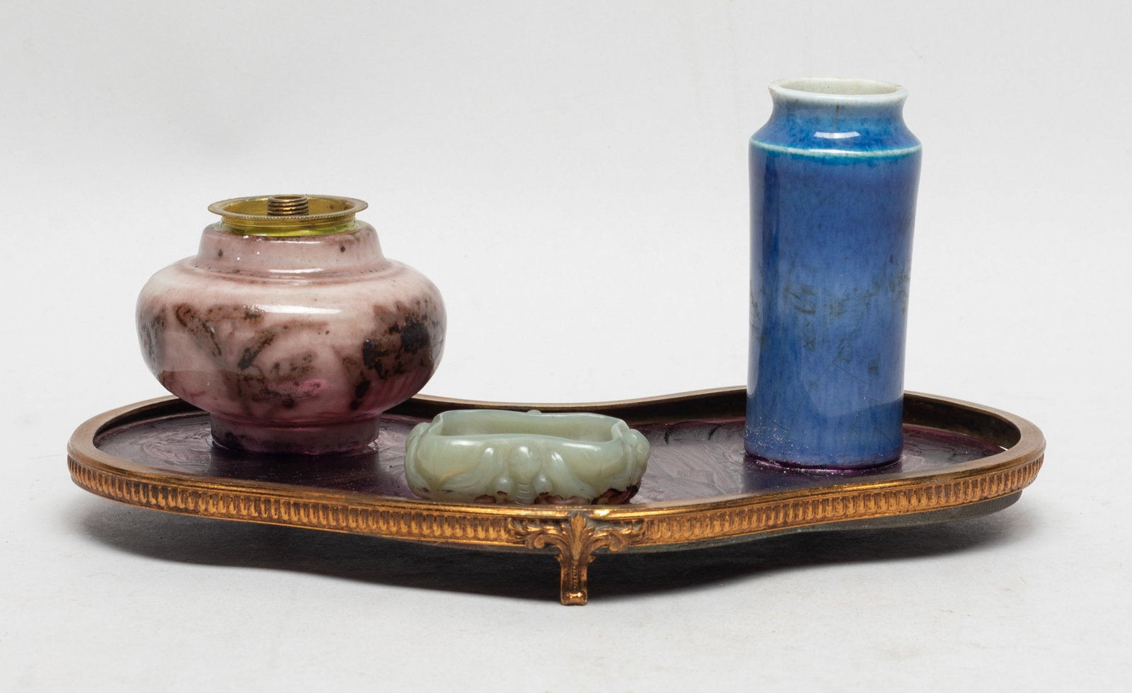 Estate Chinese Jade, Porcelain Inkwell Sets: Two Chinese porcelain inkwells and a jade washer, affixed to a base. Approx. 8.6*5.1*4 inch.
