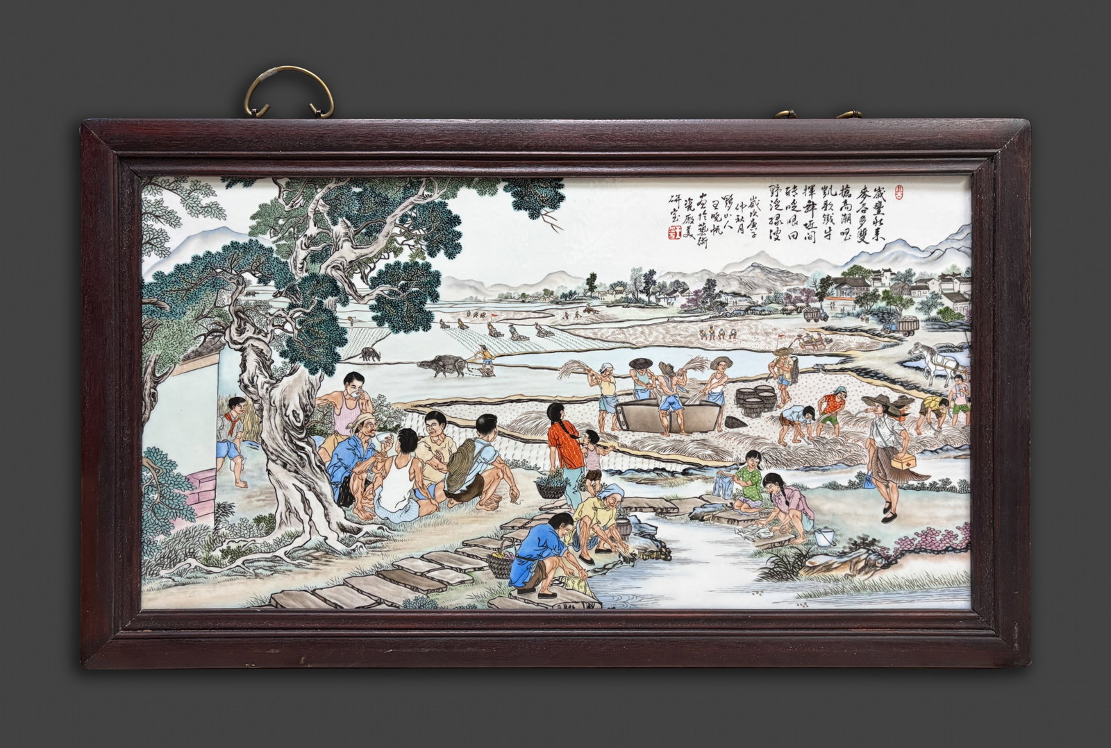 Vintage Large Chinese Porcelain Plaque: Large collectible Chinese wall hanging porcelain plaque, rectangular shape, painted ordinary people living and at work, inscribed with related passages. Approx. 35*20.4 inch (frame size).