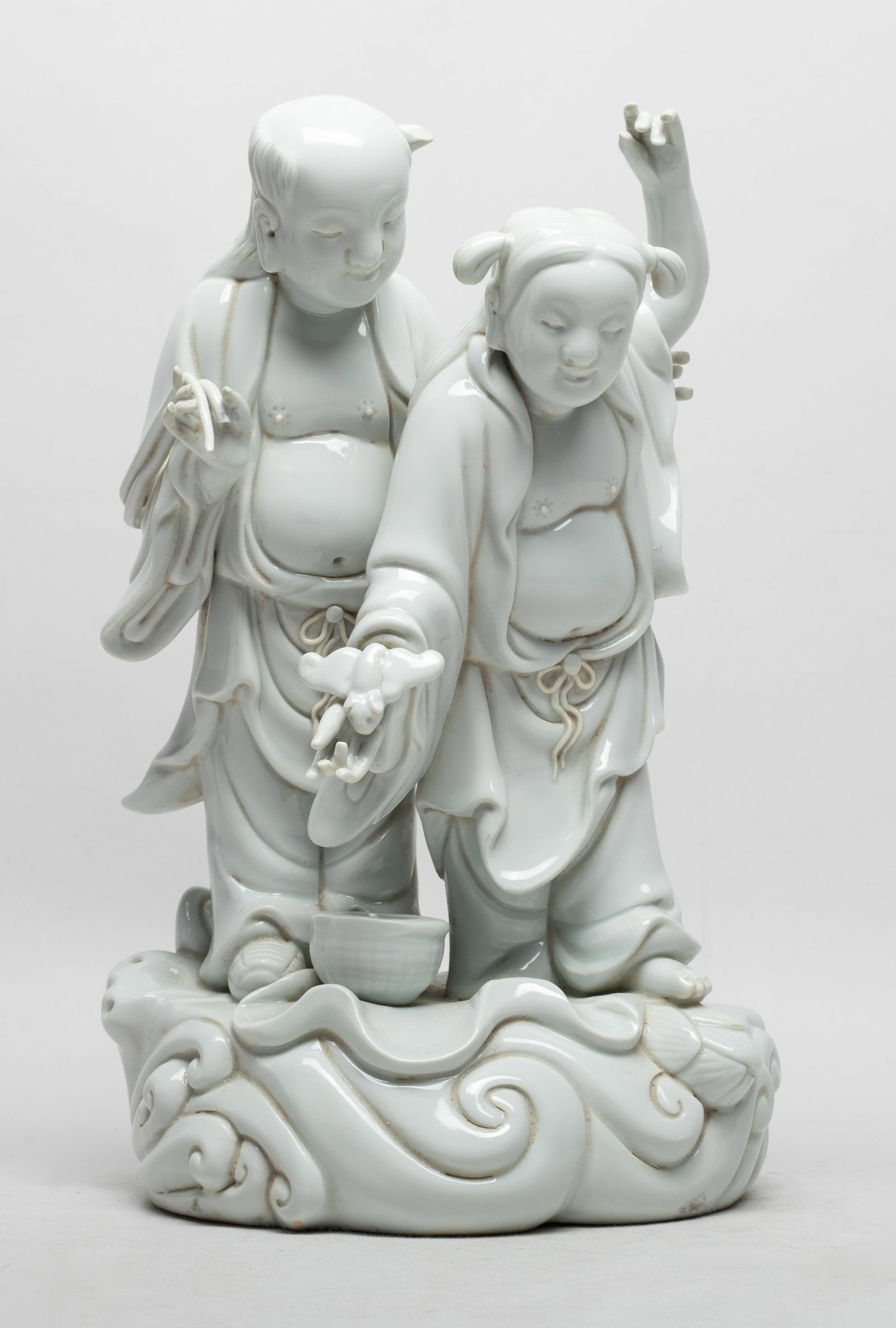 Chinese Blanc De Sculpture of Hehe: Chinese white glazed porcelain sculpture of Hehe Erxian. Approx. 12*7.2*5.5 inch.