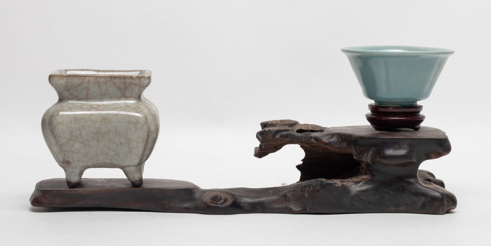 Estate Chinese Porcelain Censer, Cup w/ Wood Base: Chinese porcelain cup in crackled celadon glaze with stand, and censer in crackled gray glaze, with large wood stand. Approx. 3.4*3.4*2.8 inch (censer size).