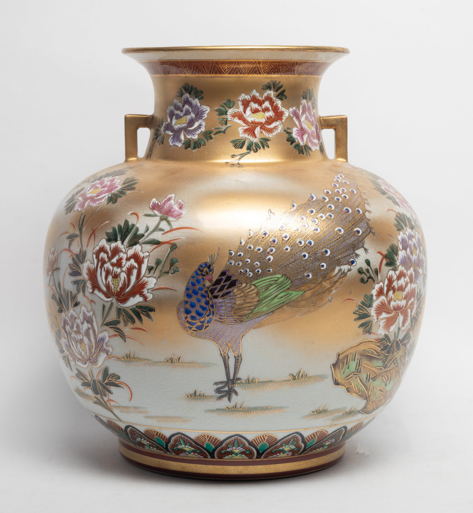 Large Vtg. Japanese Kutani Ware Porcelain Vase: Large Japanese vintage Kutani warer porcelain vase, decorated with peacock and flowers. Approx. 12.8*11.7 inch.