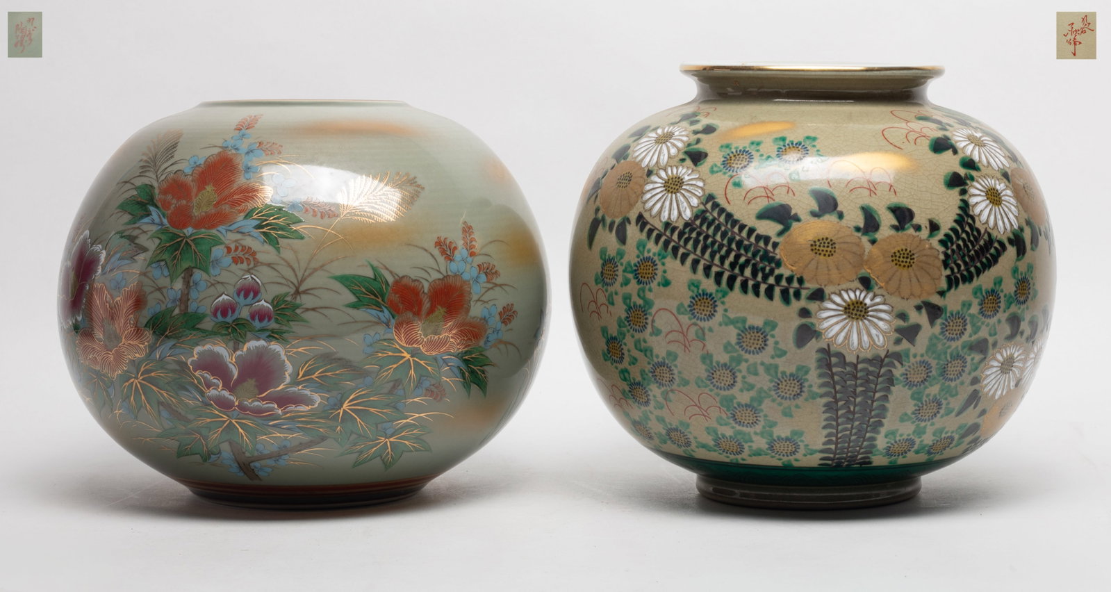 Two Vintage Japanese Kutani Porcelain Vases: Two vintage Japanese Kutani porcelain vases decorated with flowers. Approx. 8.4*9.5 inch (larger).