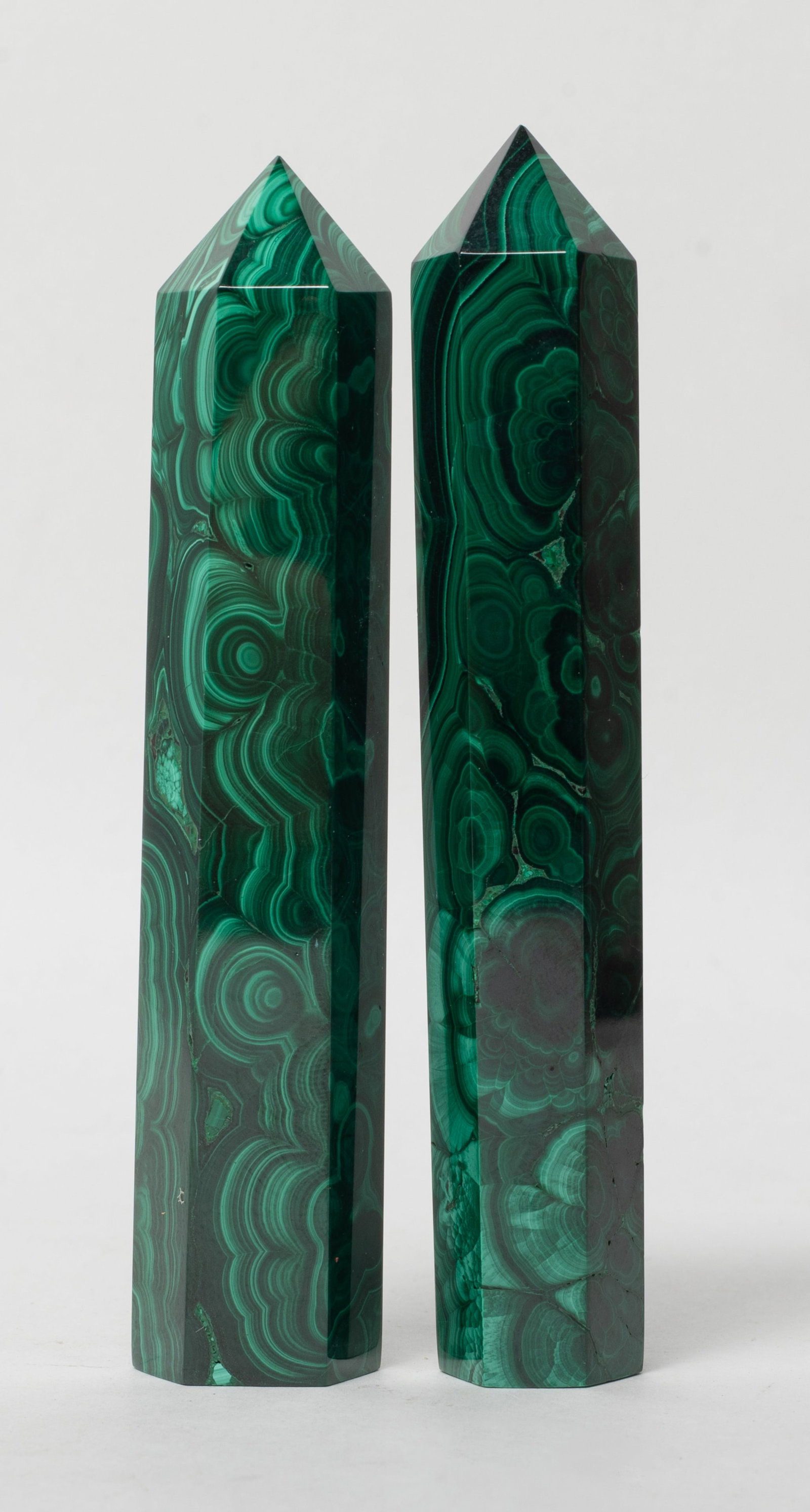 Two Mid-century Malachite Points: Two malachite carved points, finely smoothed and polished. Approx. 4.3*0.7 inch (larger).