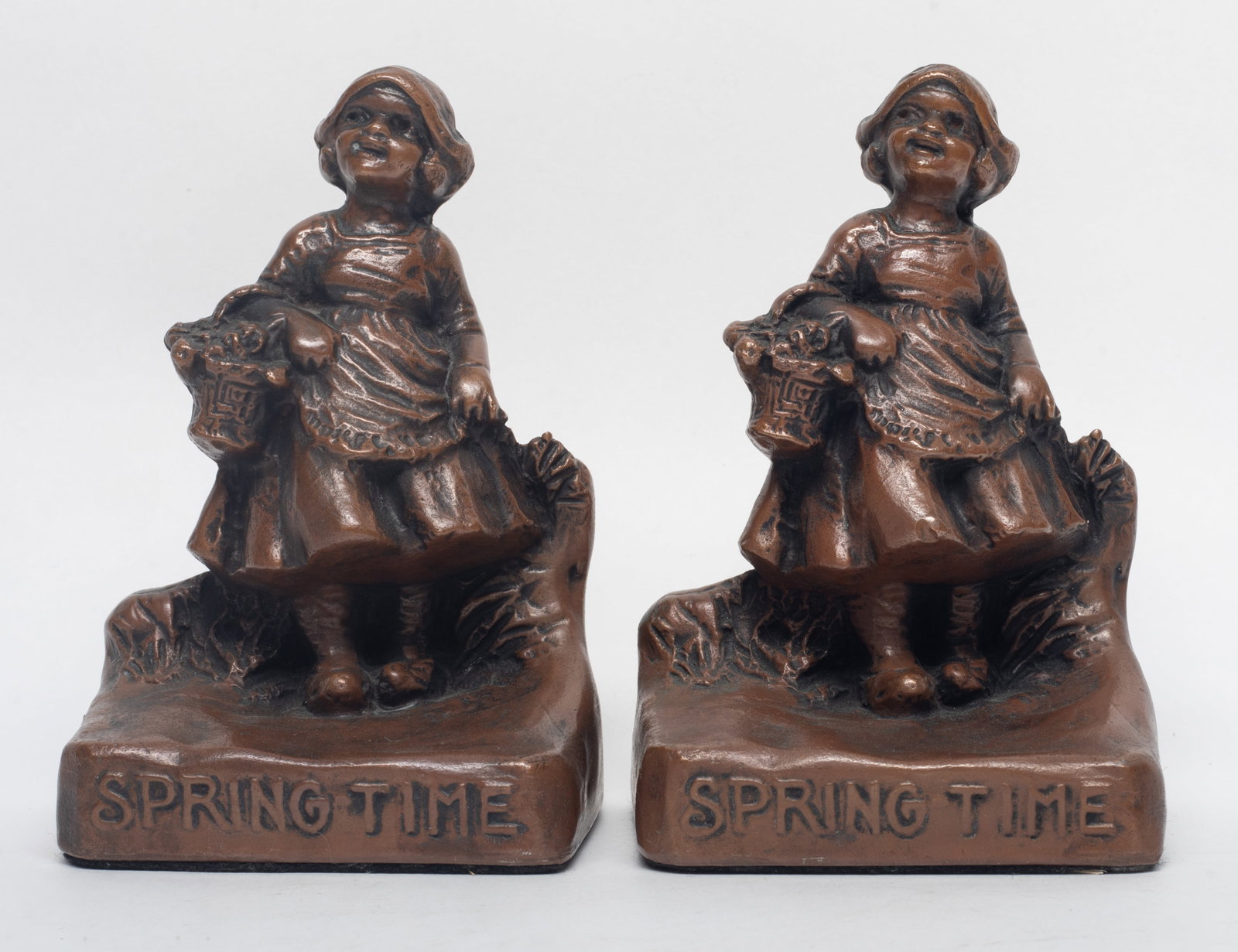 Spring Time: Early 1900s Bookends: Pair of Early 1990s WB bookends, marked Spring Time. Approx. 5*3.4*2.5 inch (each).