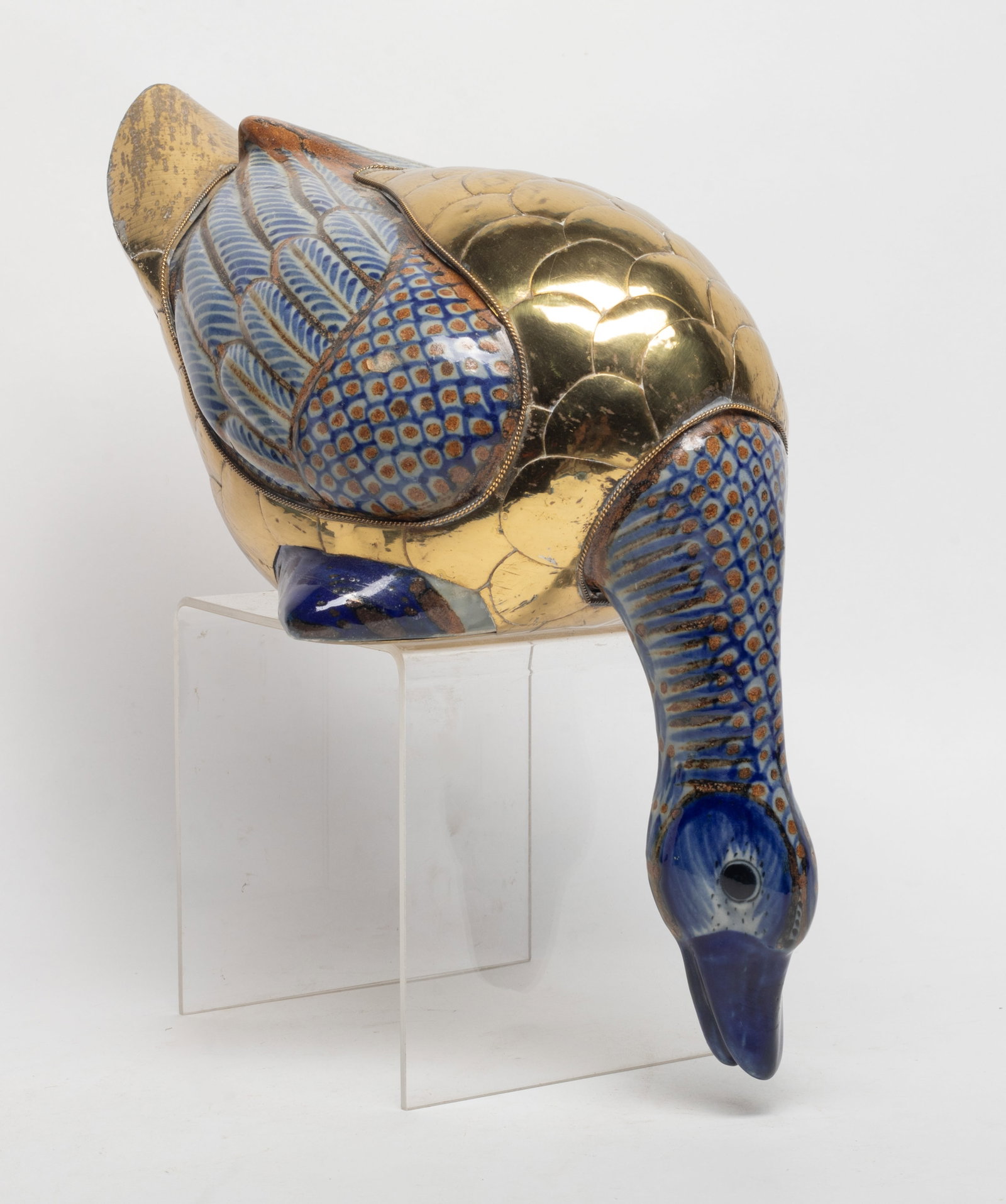 Early 20th Designed Majolica, Brass Sculpture: Vintage designed Majolica pottery and brass sculpture of goose form. 14.1*8.5*7 inch.