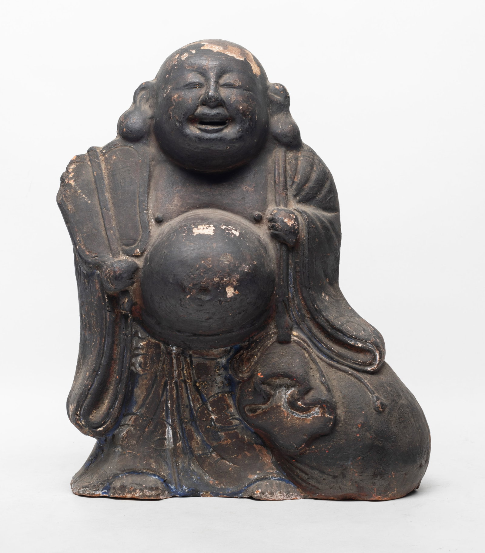 17-18th Large Painted Pottery Buddha: Large Chinese painted pottery laughing Buddha sculpture. Approx. 14*11.2*5.5 inch.