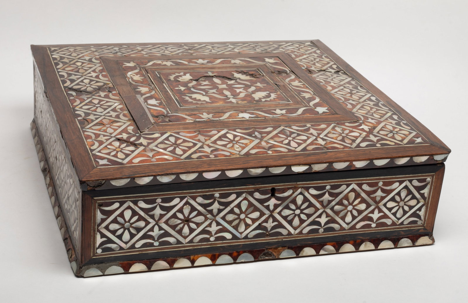 Massive 17-18th Church Used Wood Box: Massive square shape wood box inlaid with mother-of-pearl. Approx. 15.6*15*4.5 inch.