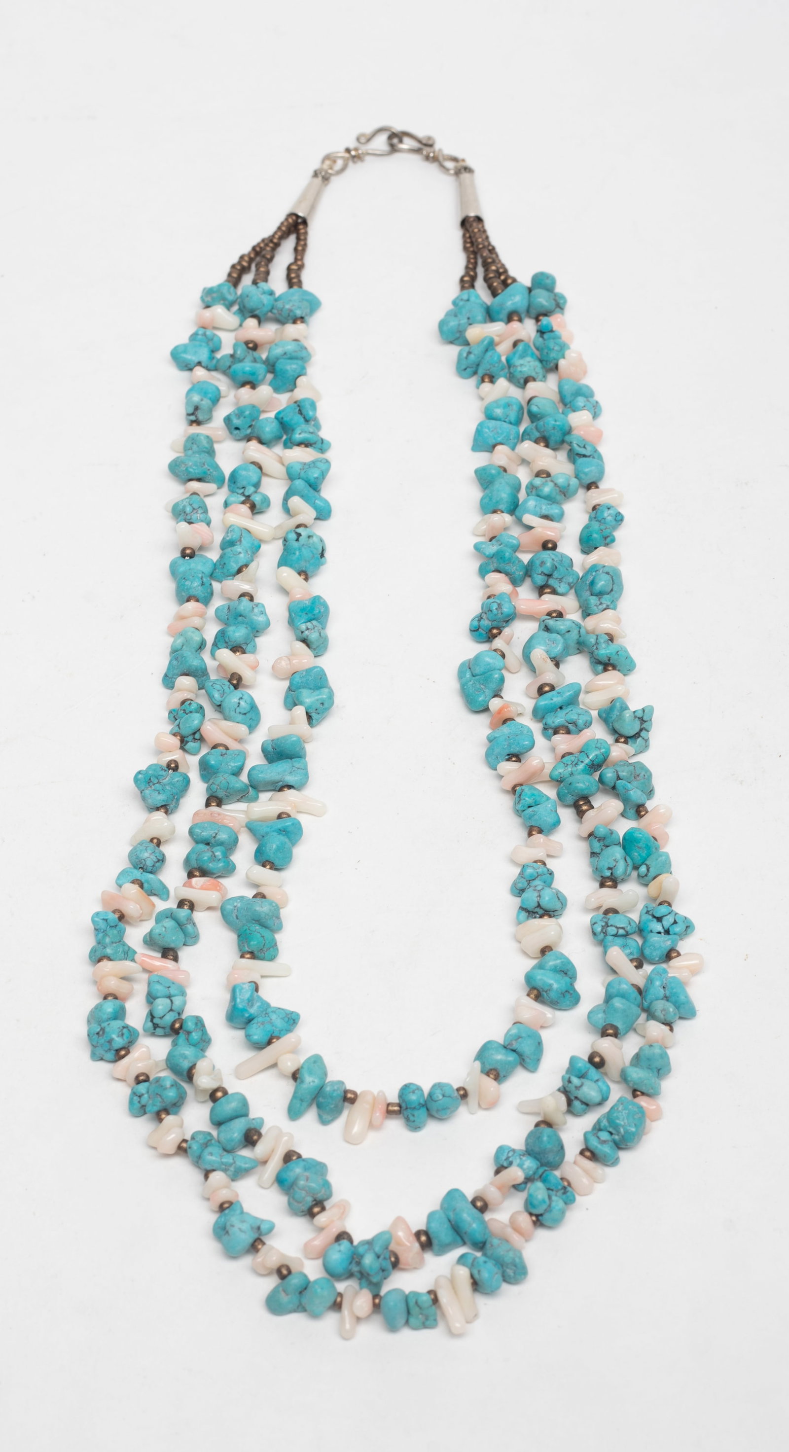 Estate Long Native American Type Necklace: Three-strand Native American type stone necklace. Approx. 20 inch L.