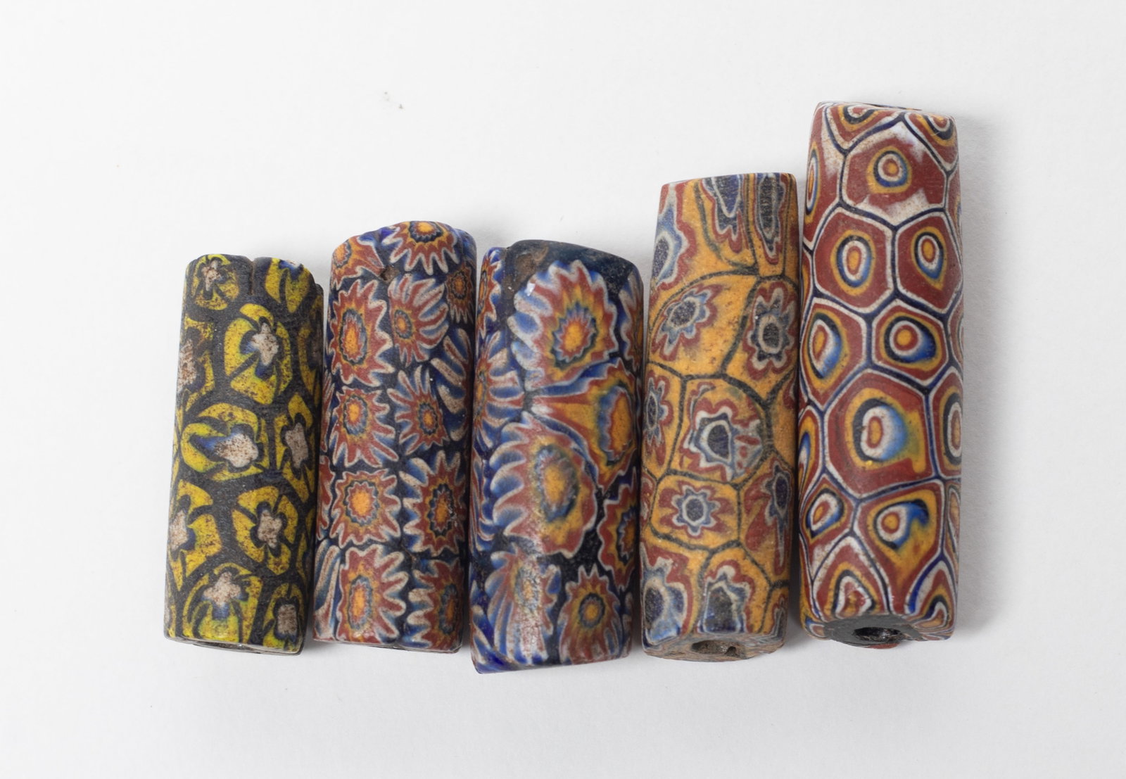Set Antique African Millefiori Trade Beads: Set of five antique trade glass beads. Size varies.