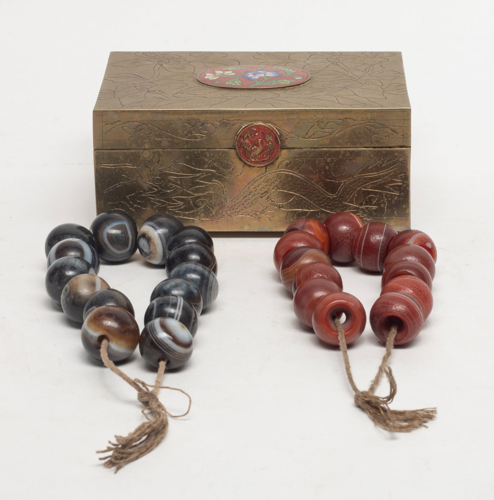 Two Rare Old Chinese Banded Agate Prayer Beads: Two strings of Chinese old banded agate carved prayer beads, with box. Beads size varies.