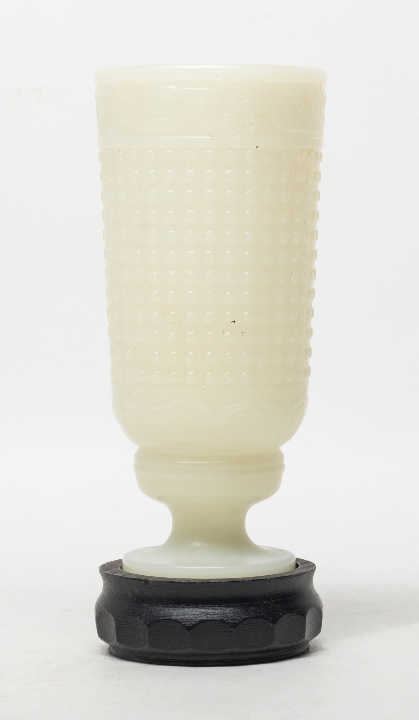 Tall Chinese Jade Like Libation Cup: Tall Chinese white jade-like libation cup, with stand. Approx. 6.2*2.8 inch (w/o stand).