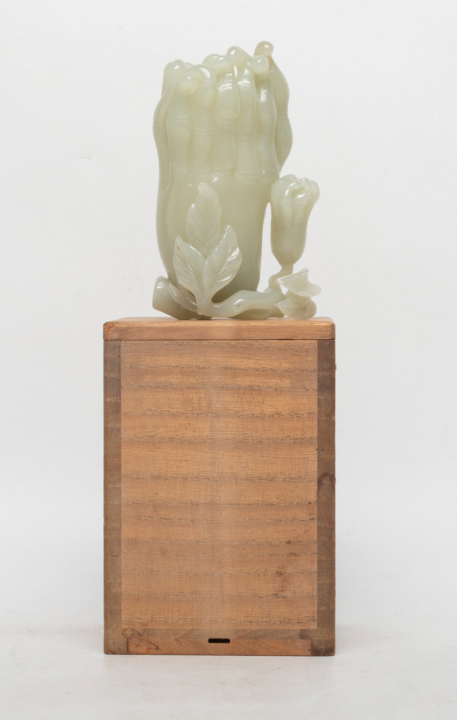 Chinese Cream White Jade Buddha Hand Vase: Chinese jade vase carved as buddha hand citron issuing from gnarled stem, with box. Approx. 4*2.4*1.7 inch (w/o box).