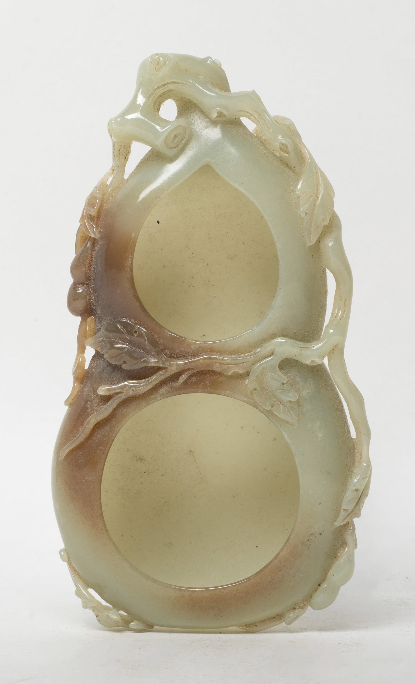 Unusual Chinese Jade Gourd Form Brush Washer: Chinese pale celadon and russet jade brush washer carved of gourd form. Approx. 5.5*3.1*1.07 inch.