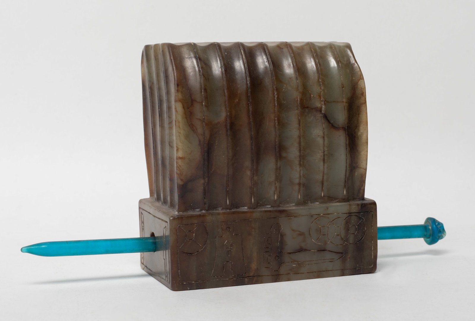 Rare Chinese Jade Hair Crown w/ Glass Pin: Chinese russet jade hair crown, incised with archaistic motif, with glass hair pin. Approx. 3.9*3.7*2 inch.