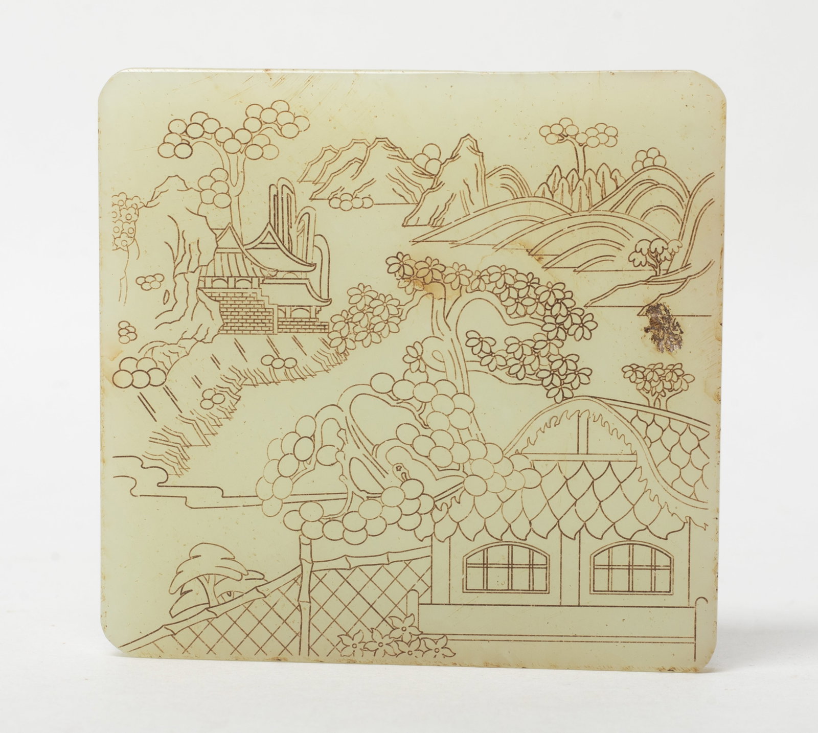 Chinese Large Jade Carved Plaque: Chinese almost-square jade plaque incised with landscape and poem. Approx. 2.9*2.78 inch.