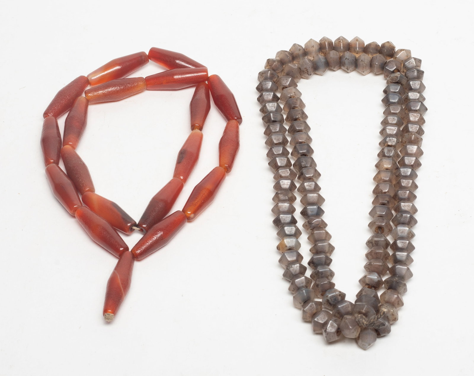 Two Old Chinese Cameo Agate Prayer Beads: Two Chinese cameo agate prayer bead necklaces. Approx. 33 inch L (longer).