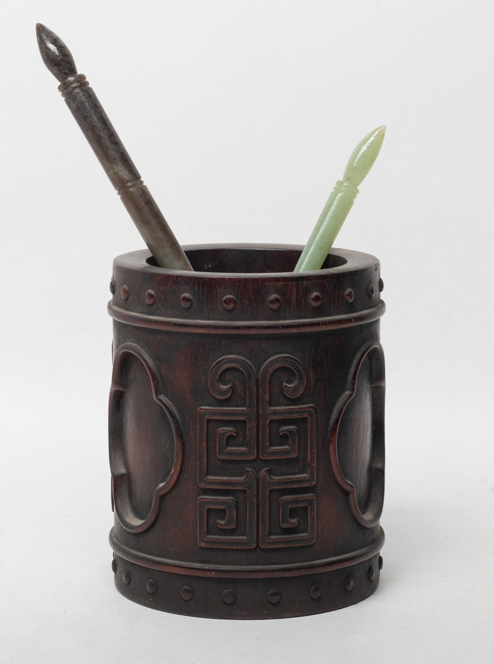 Rare Chinese Wood Brush Pot, Jade Brush Pen (1 of 11)