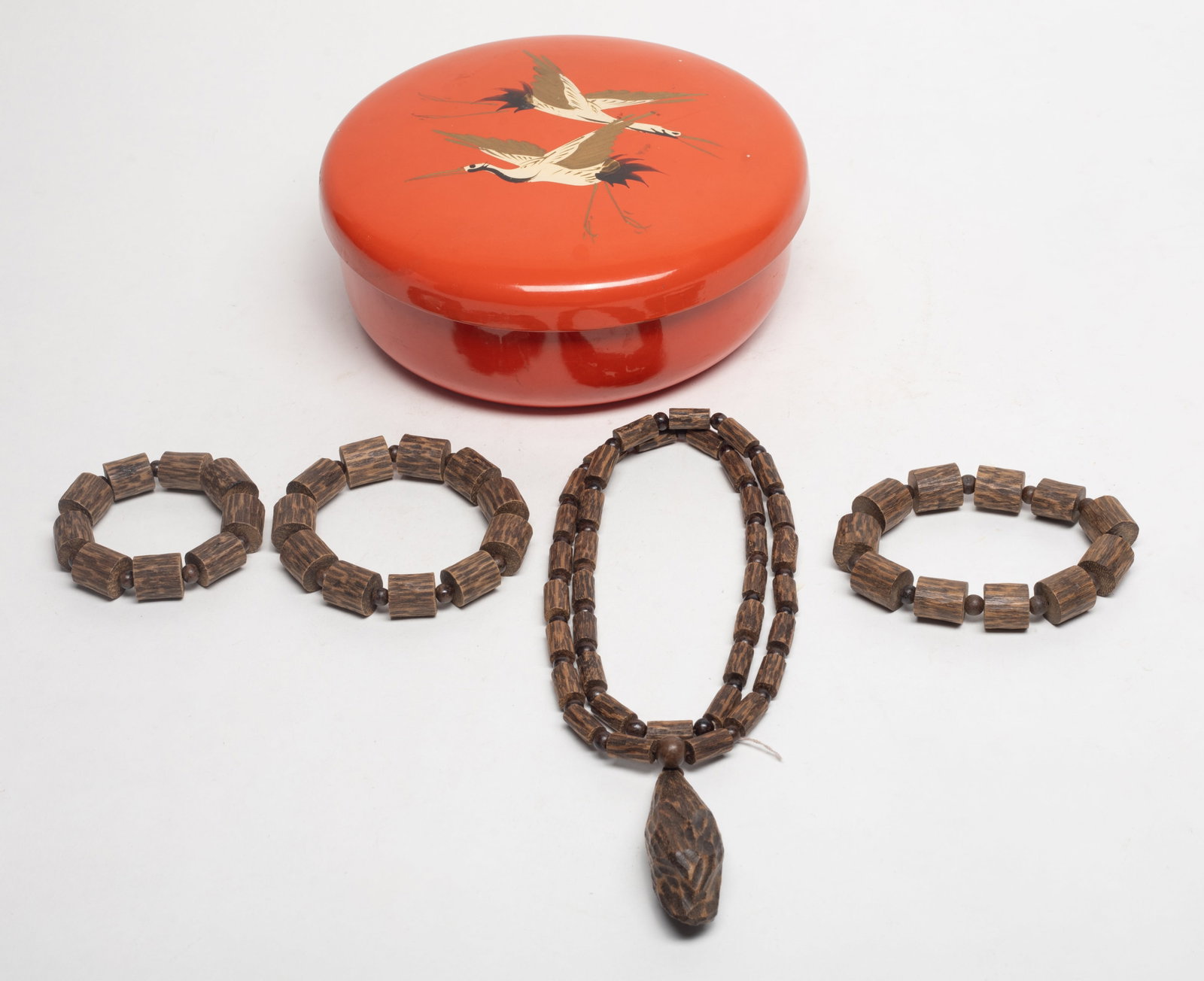 Estate Box of Chinese Export Agarwood Beads: Including three agarwood bead bracelets and an agarwood bead necklace, with box. Approx. 138 gram (total wood weight), 28 inch L (necklace size).